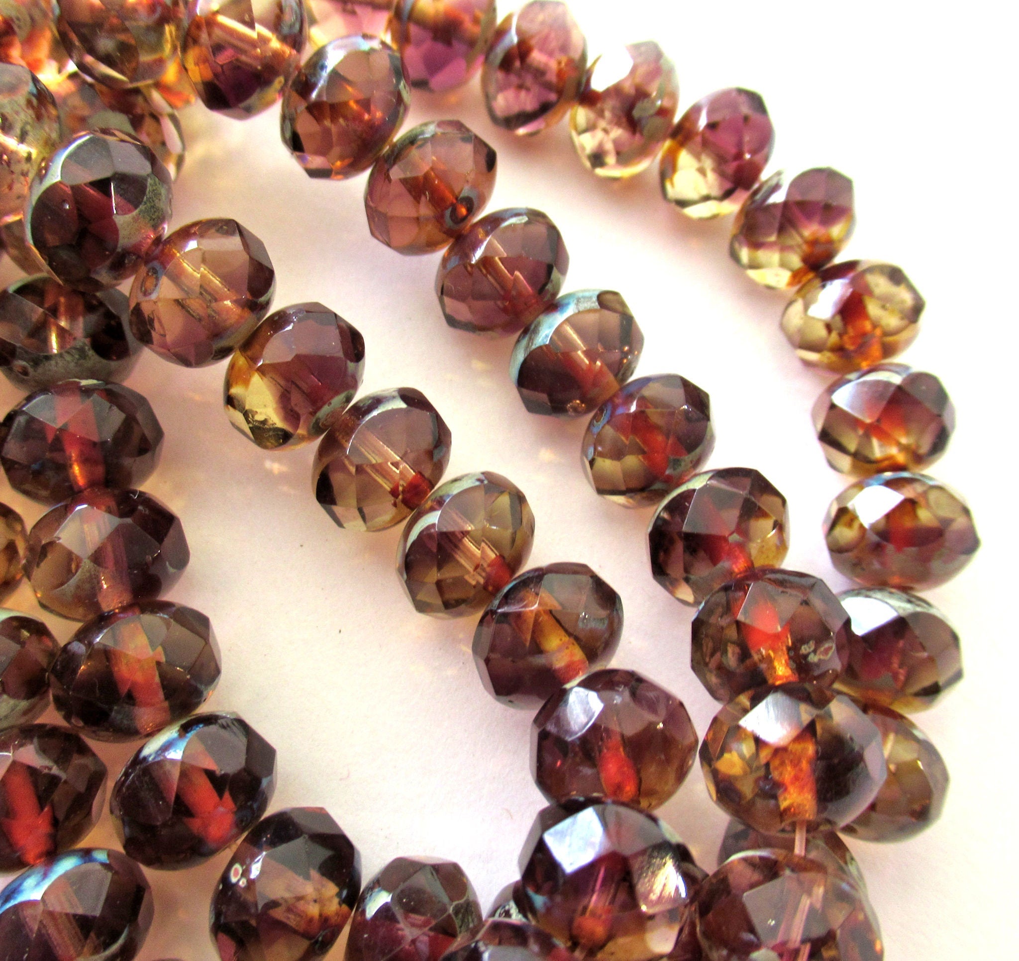 Lot of 25 Czech glass puffy rondelle beads - 6 x 8mm amethyst / purple & champagne picasso color mix faceted rondelles C00072