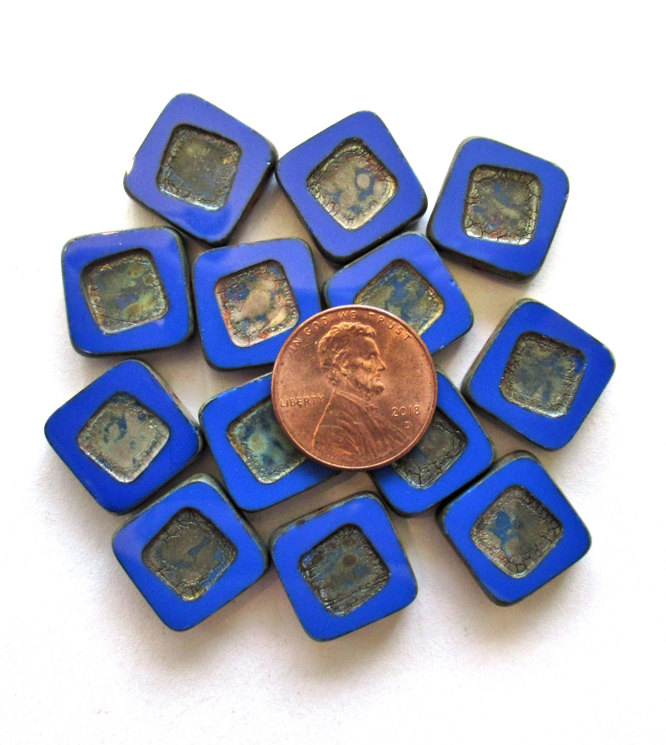 Four large Czech glass square beads - 14 x 14mm - opaque royal blue picasso beads - table cut chunky statement or focal beads C00721