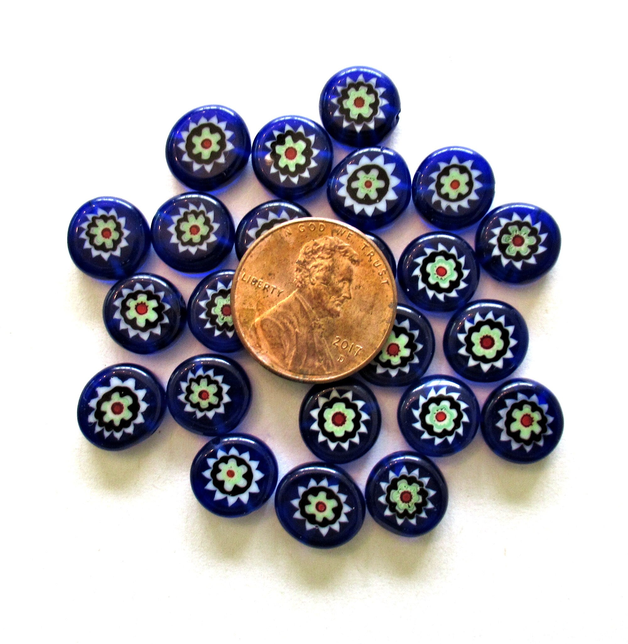 Ten 10mm cane or millefiori glass beads - cobal blue, green and red coin or disc beads - C0095