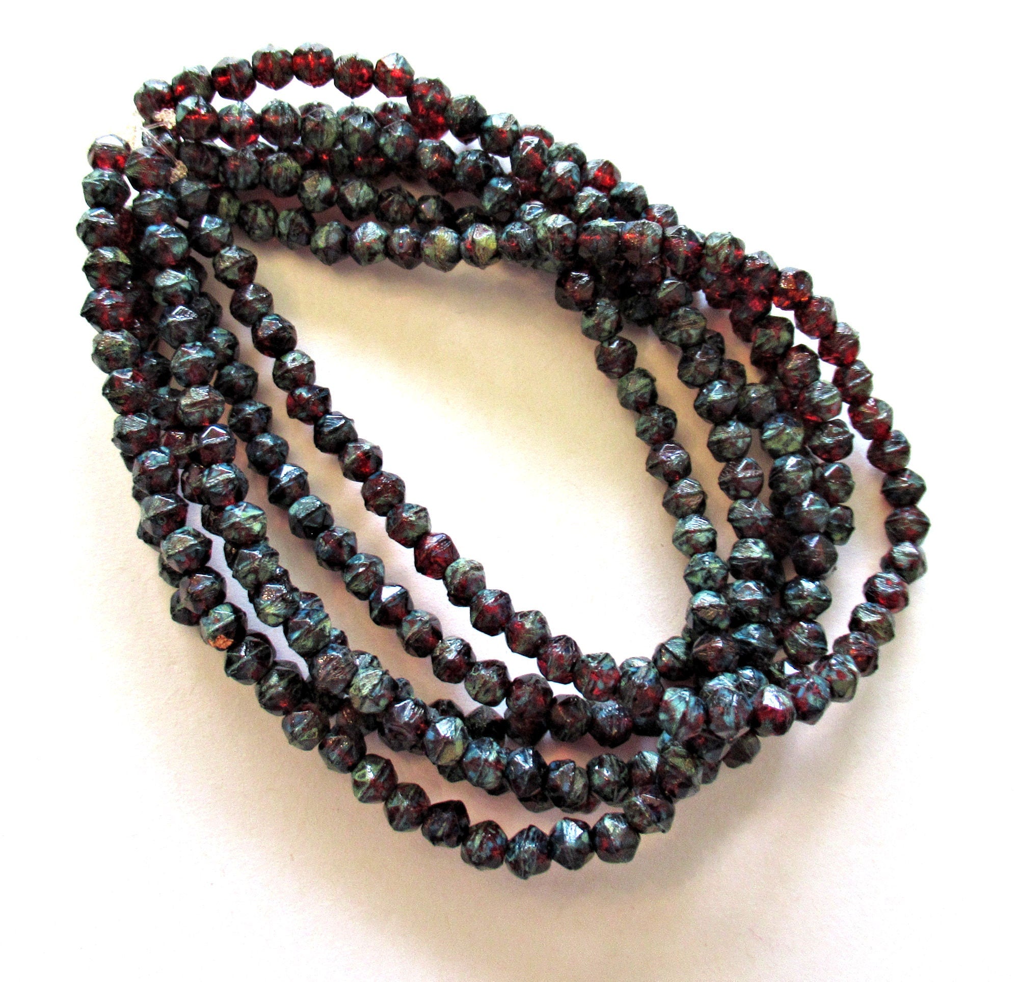 50 4mm Czech glass faceted English cut beads - garnet red with a full picasso finish - rustic earthy beads - C0057