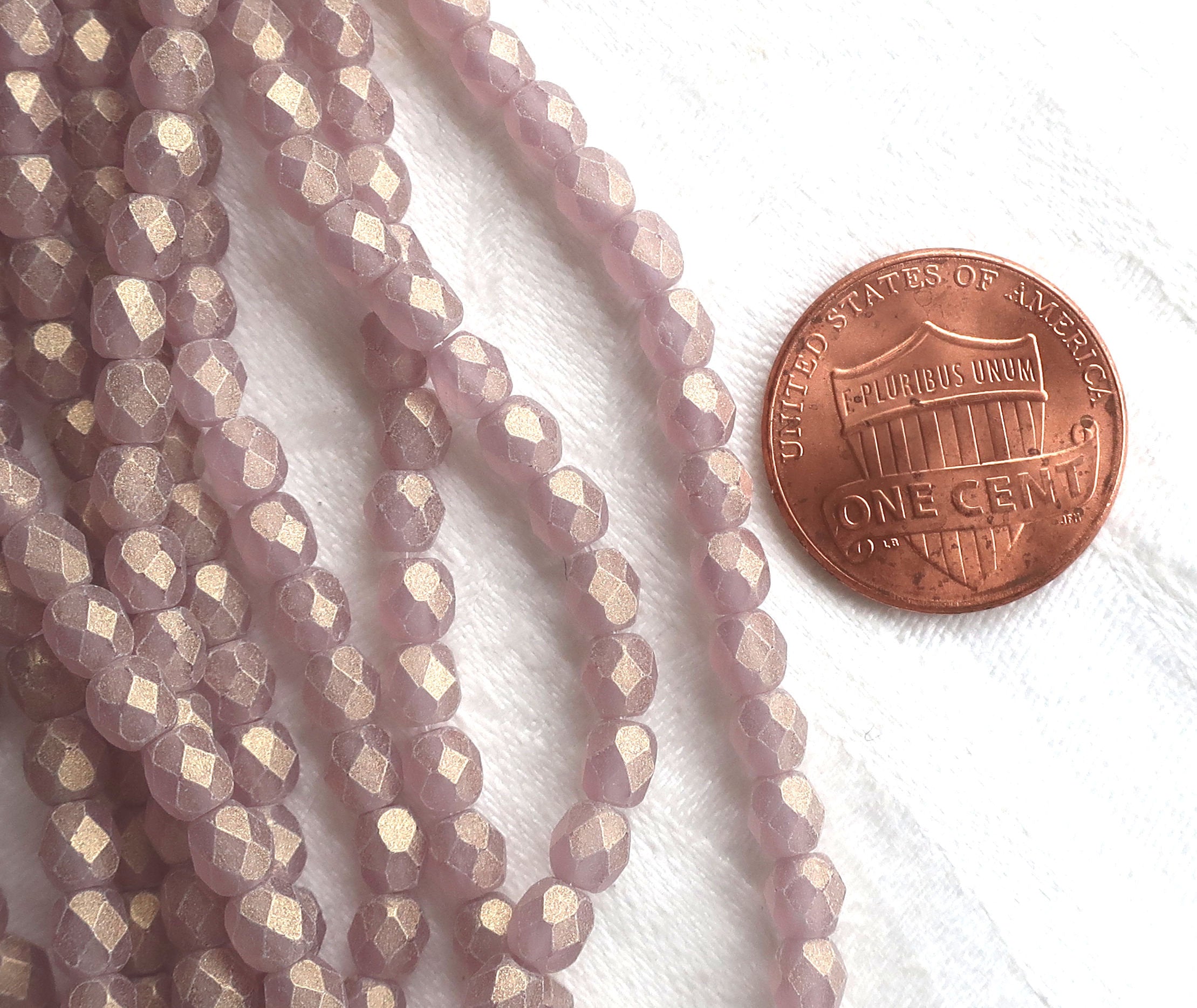 Lot of 50 4mm Sueded Gold Amethyst Czech glass beads, faceted round fire polished purple beads with a frosted gold finish C8601