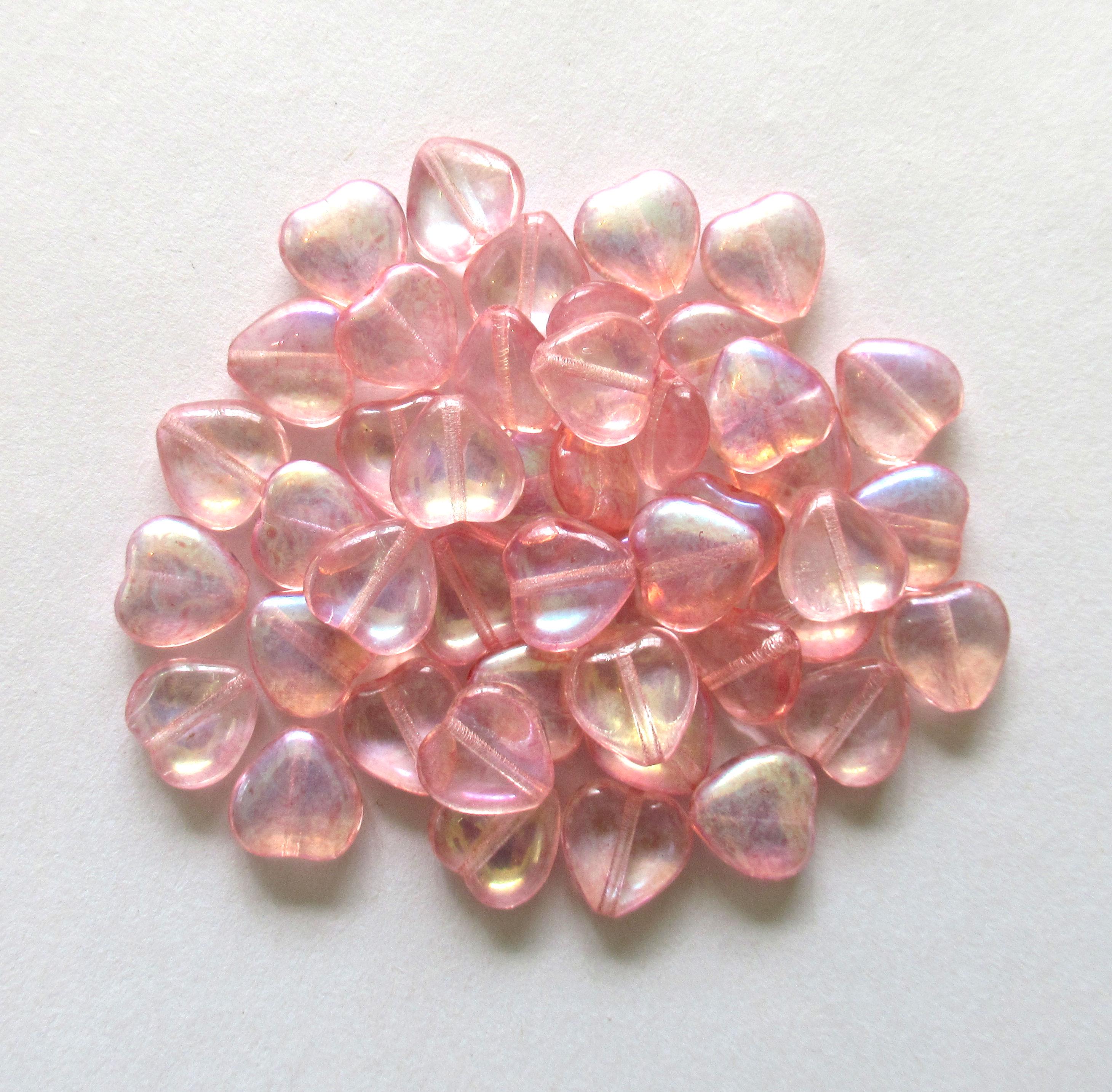 15 Czech glass heart beads - 10mm transparent pink ab beads - C00011