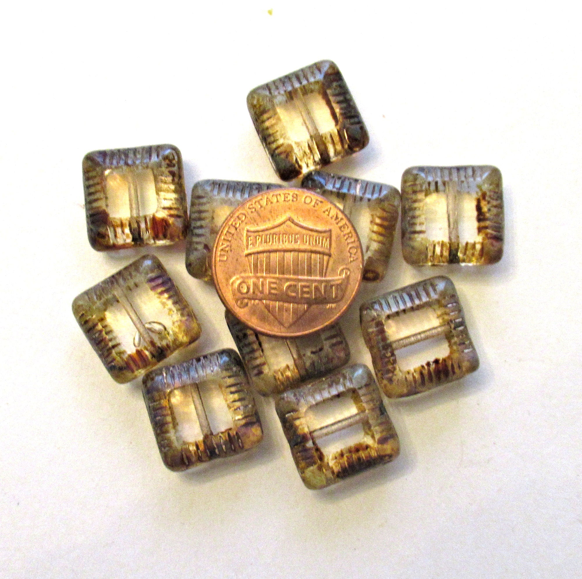 Ten 10mm Czech glass notched square beads - crystal clear beads with picasso accents - table cut carved beads - 6.3mm thick - C00391