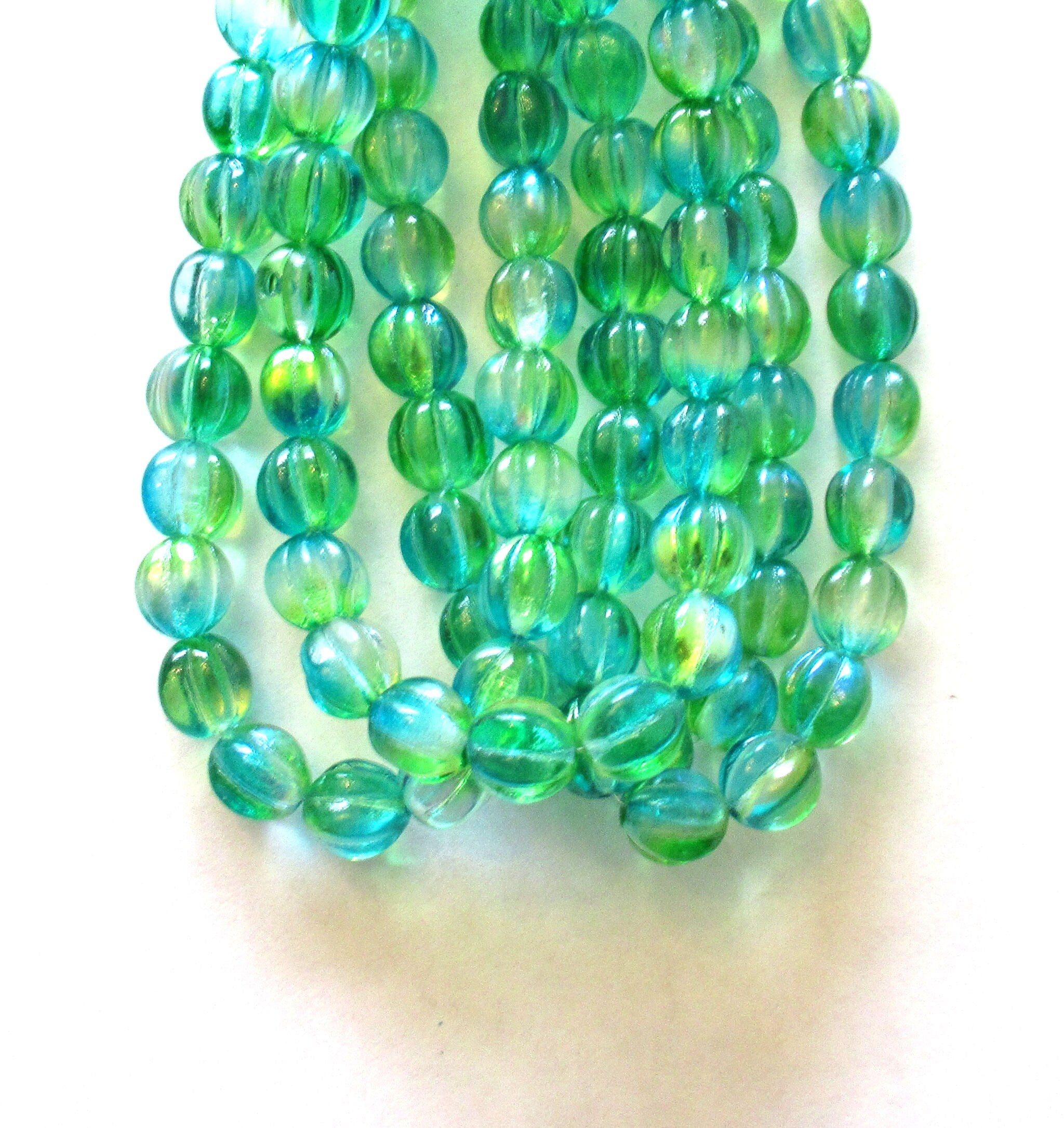 Ten 10mm Czech glass melon beads - green & blue mix pressed glass beads - C0049