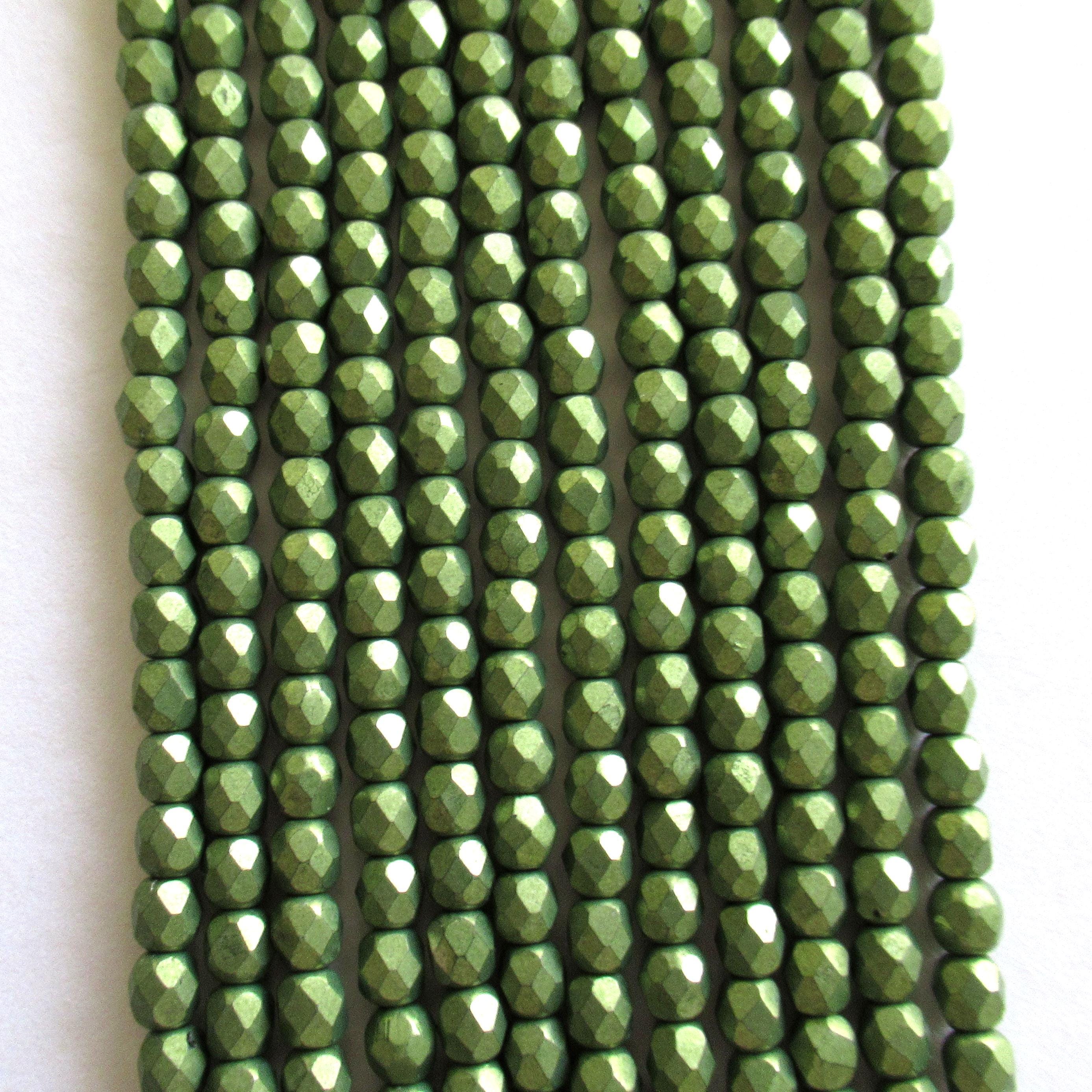 50 4mm Czech glass sage green beads - Saturated Metallic Greenery - fire polished faceted round beads - C0055