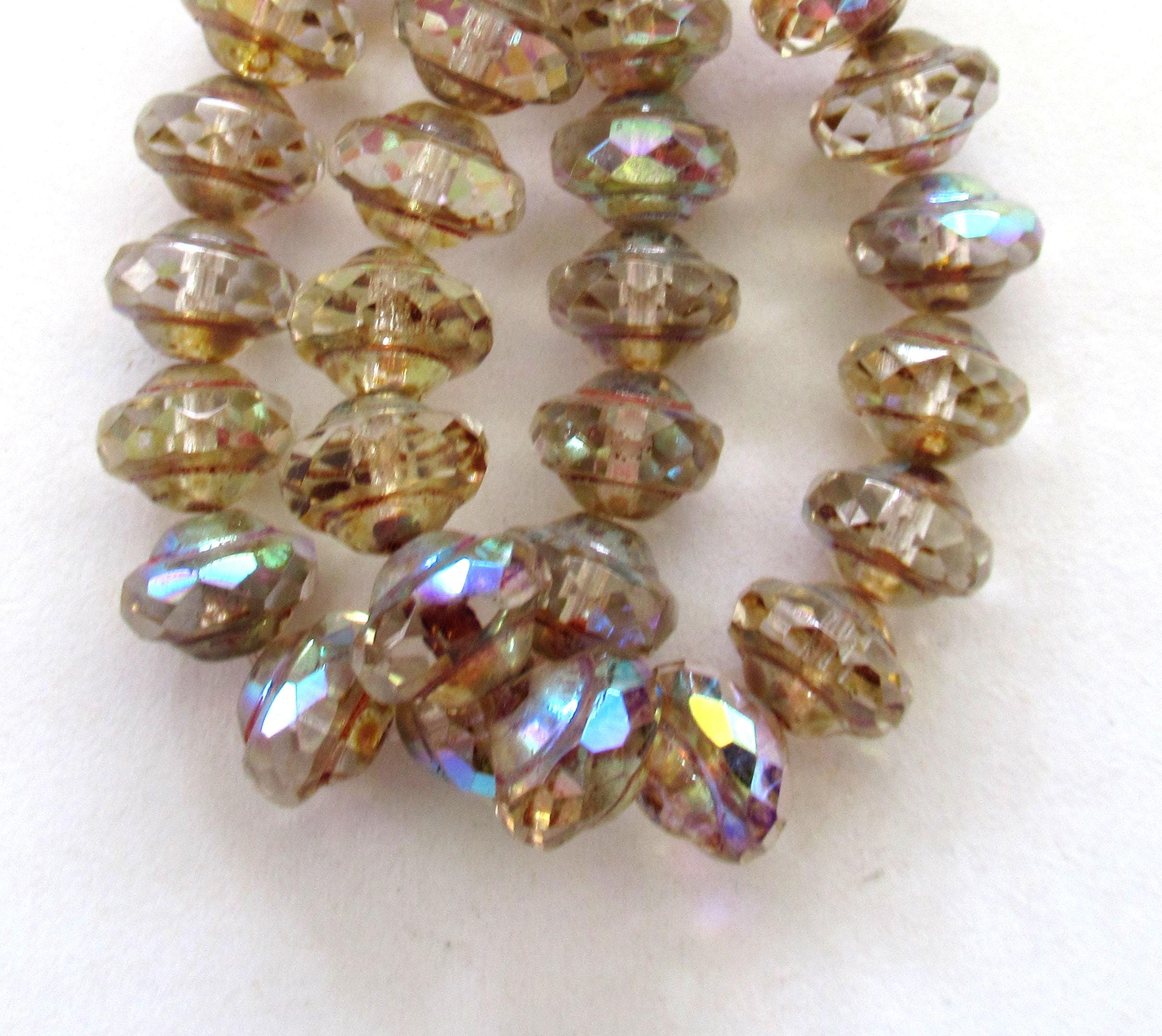 Fifteen Czech glass mini saturn beads - 6 x 8mm crystal clear picasso ab beads - faceted fire polished saucer beads - C00302