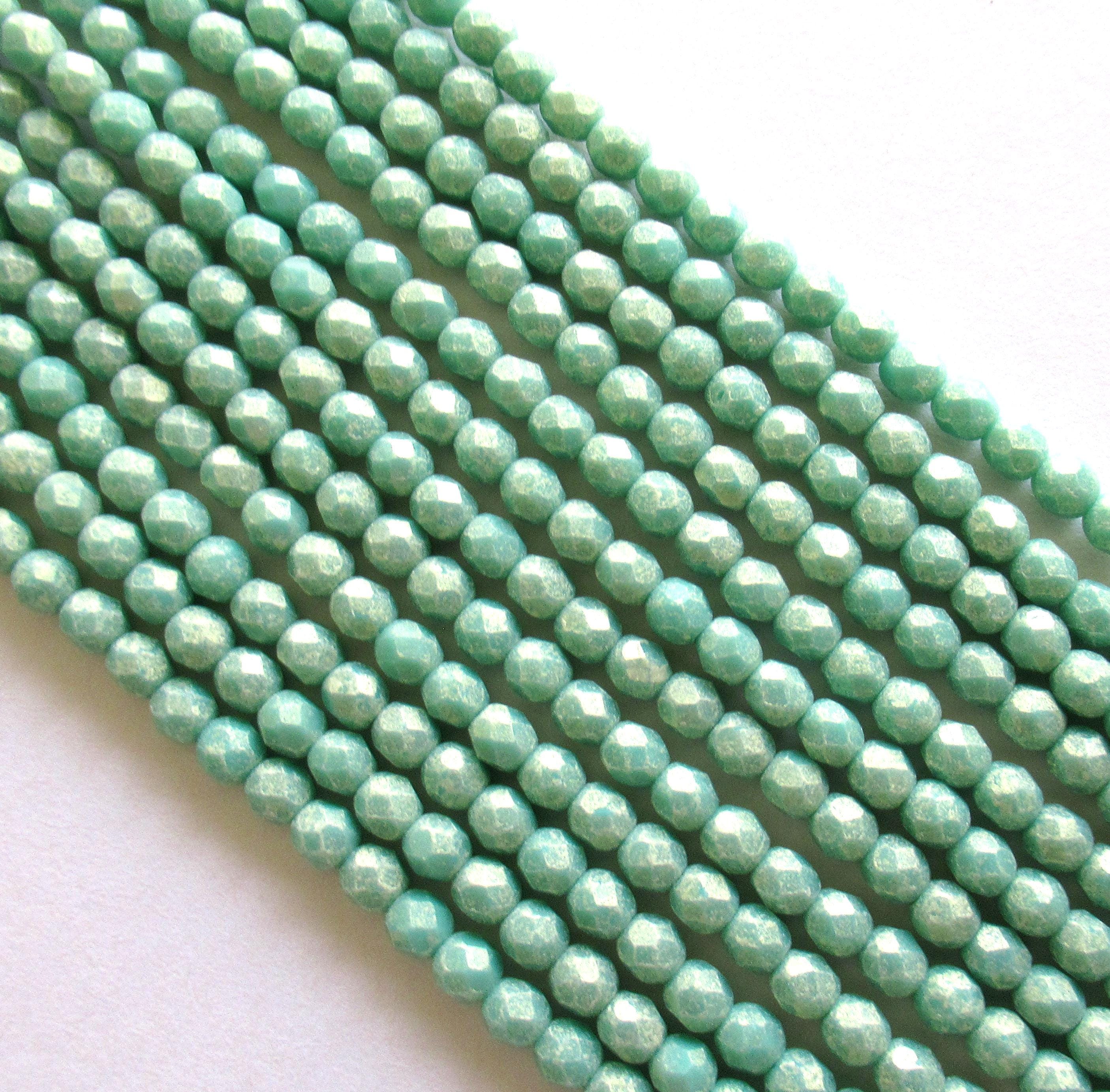 Lot of 50 4mm Czech glass beads - opaque Sueded Gold Turquoise blue green beads - fire polished faceted round beads - C0066