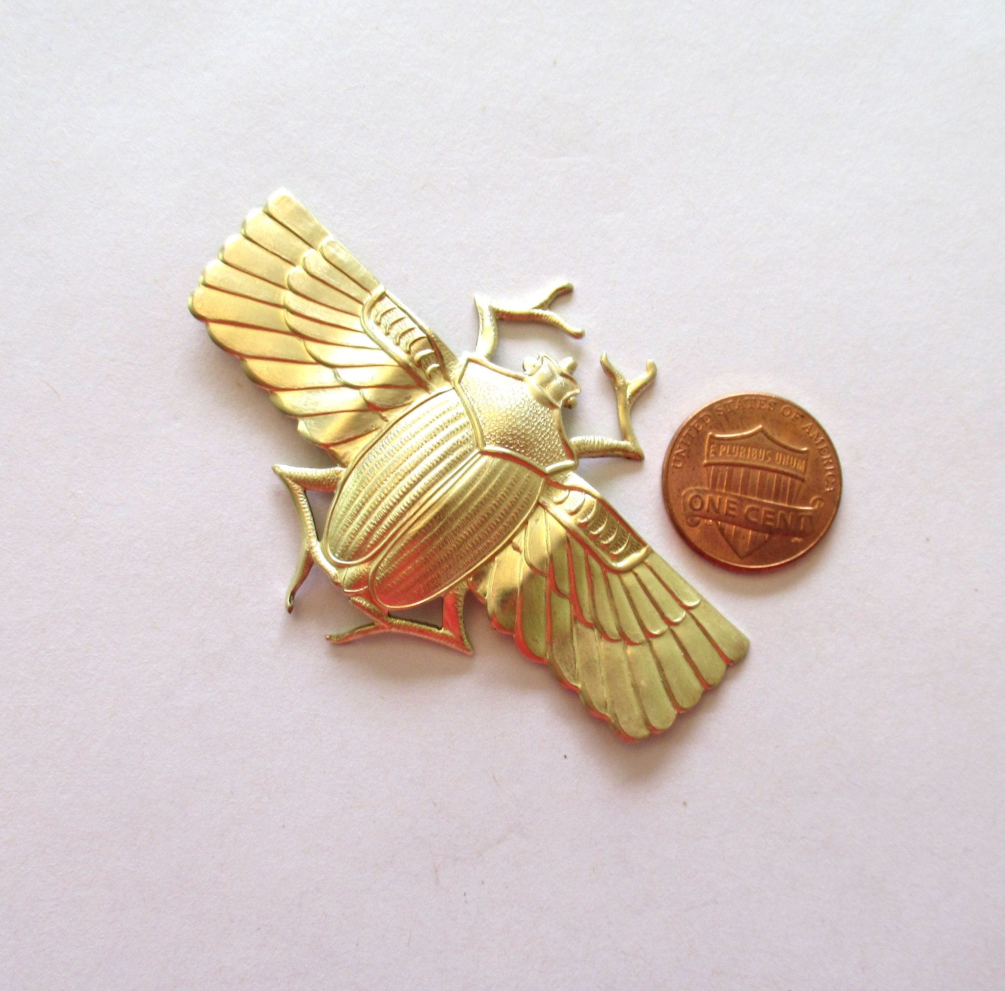 1 raw brass beetle stamping - flying Egyptian beetle, scarab, bug, pendant, charm, connector, ornament, 2.75" x 1.75" inches - C00761