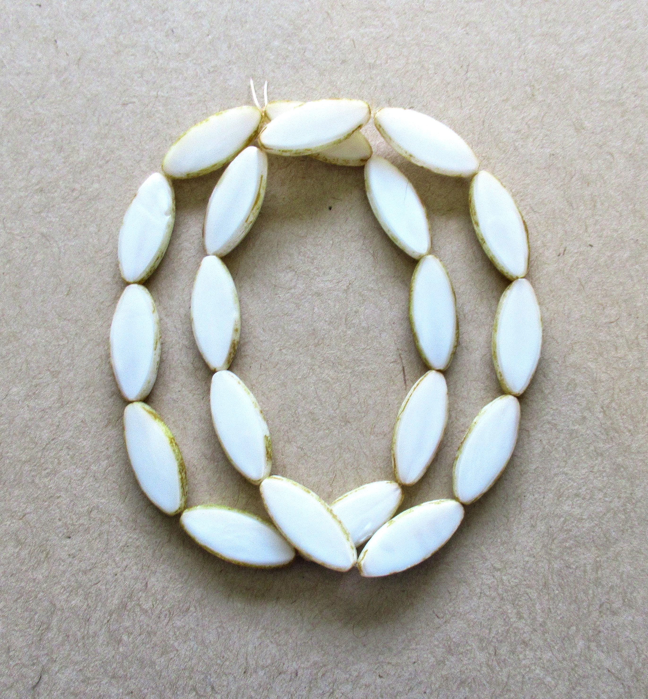 Ten large Czech glass spindle beads - opaque silky white picasso beads - 9 x 20mm - table cut almond shaped oval beads - 00012
