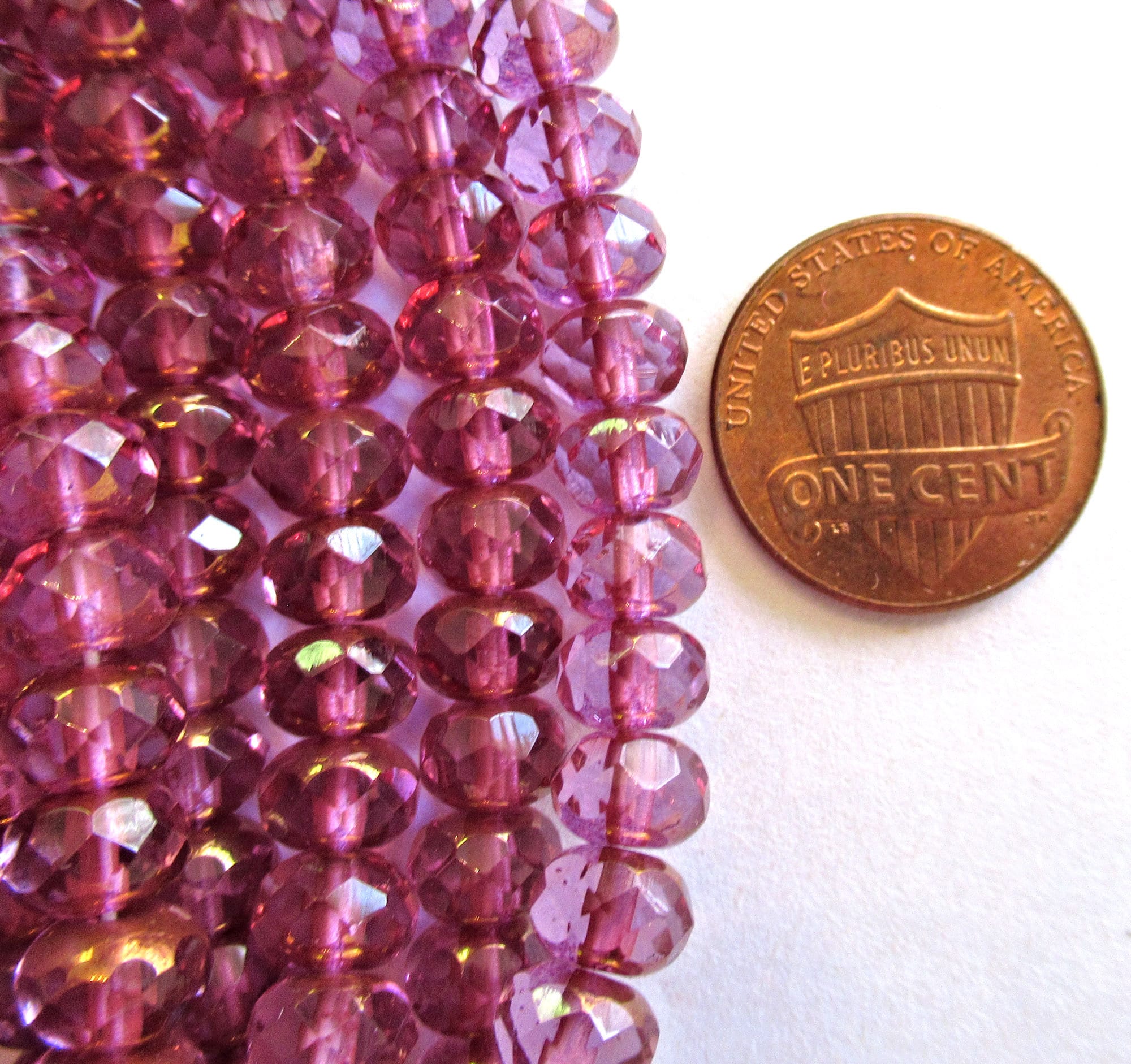 25 Czech glass faceted puffy rondelle beads - 5 x 7mm - french rose or pink with copper accents - rondelles - C00411