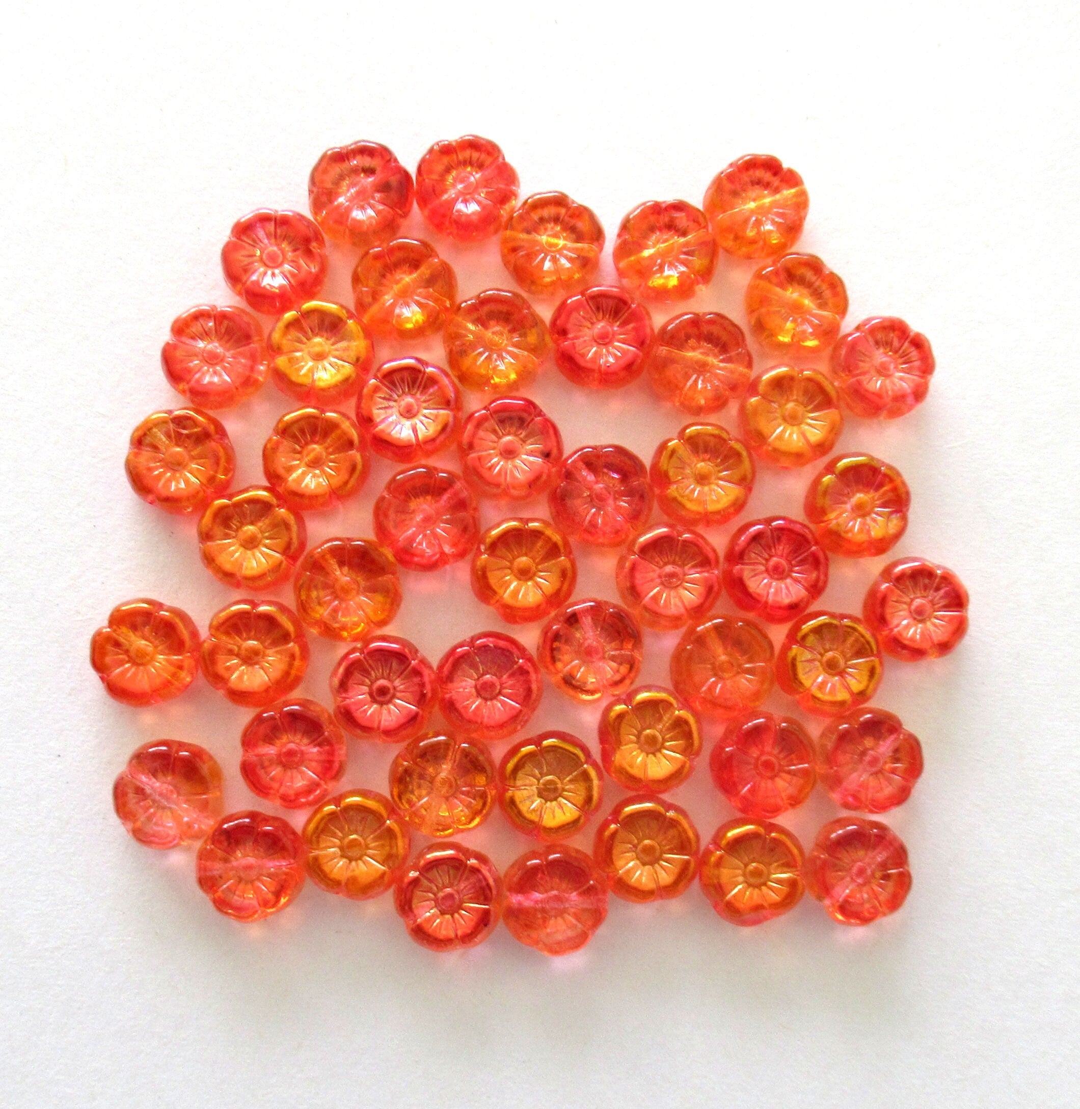 Lot of 15 8mm Czech glass flower beads - transparent orange or hyacinth with an ab finish - pressed glass Hawaiian flower beads C0039
