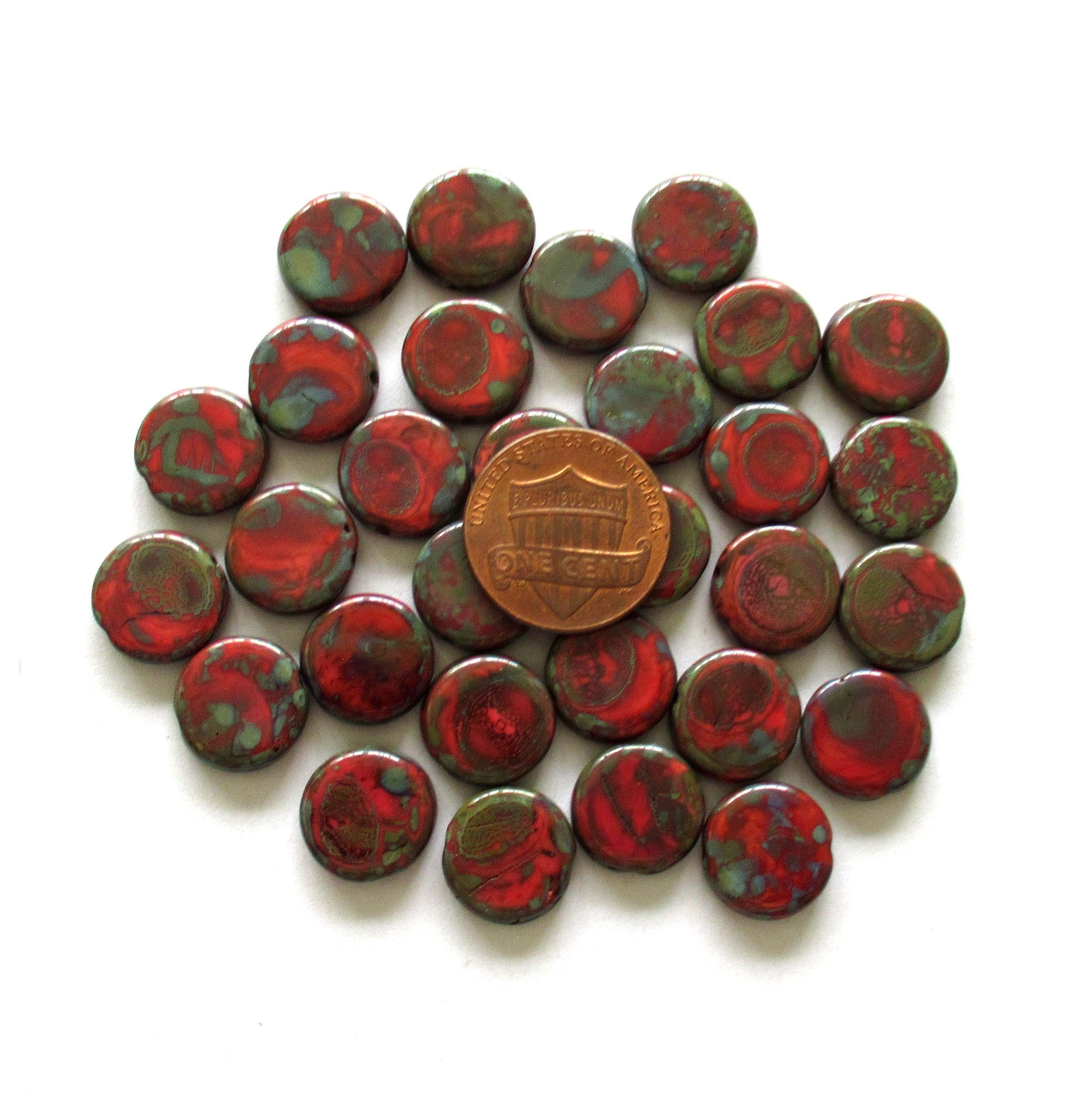 Czech glass coin or disc beads - 12mm - opaque red beads w/ a full picasso coat - flat round beads - 10 beads - 00118