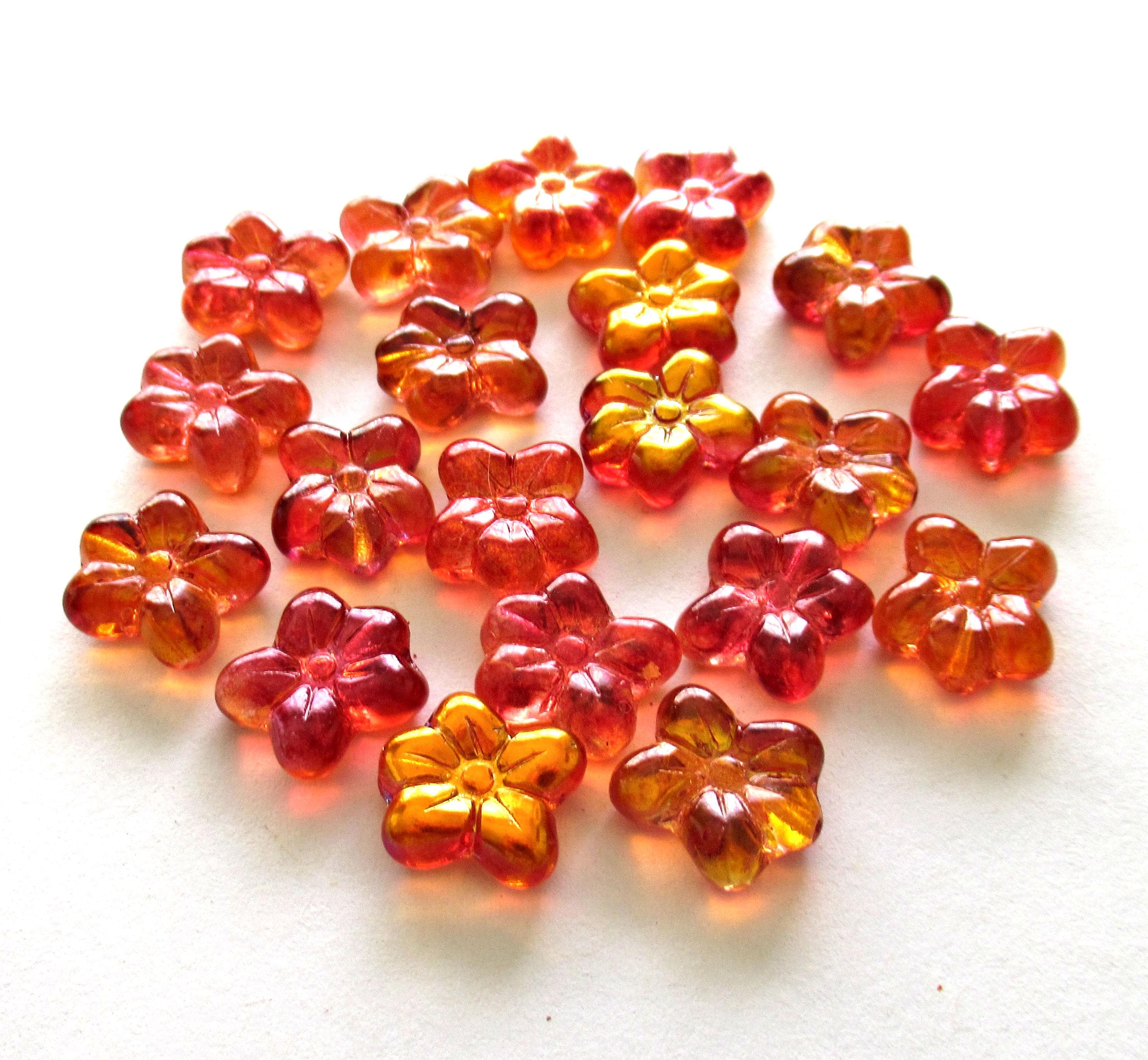 Czech glass flower beads - fire opal / orange ab - asymmetrical pressed glass flowers - 14 X 12mm - ten pieces - 02101