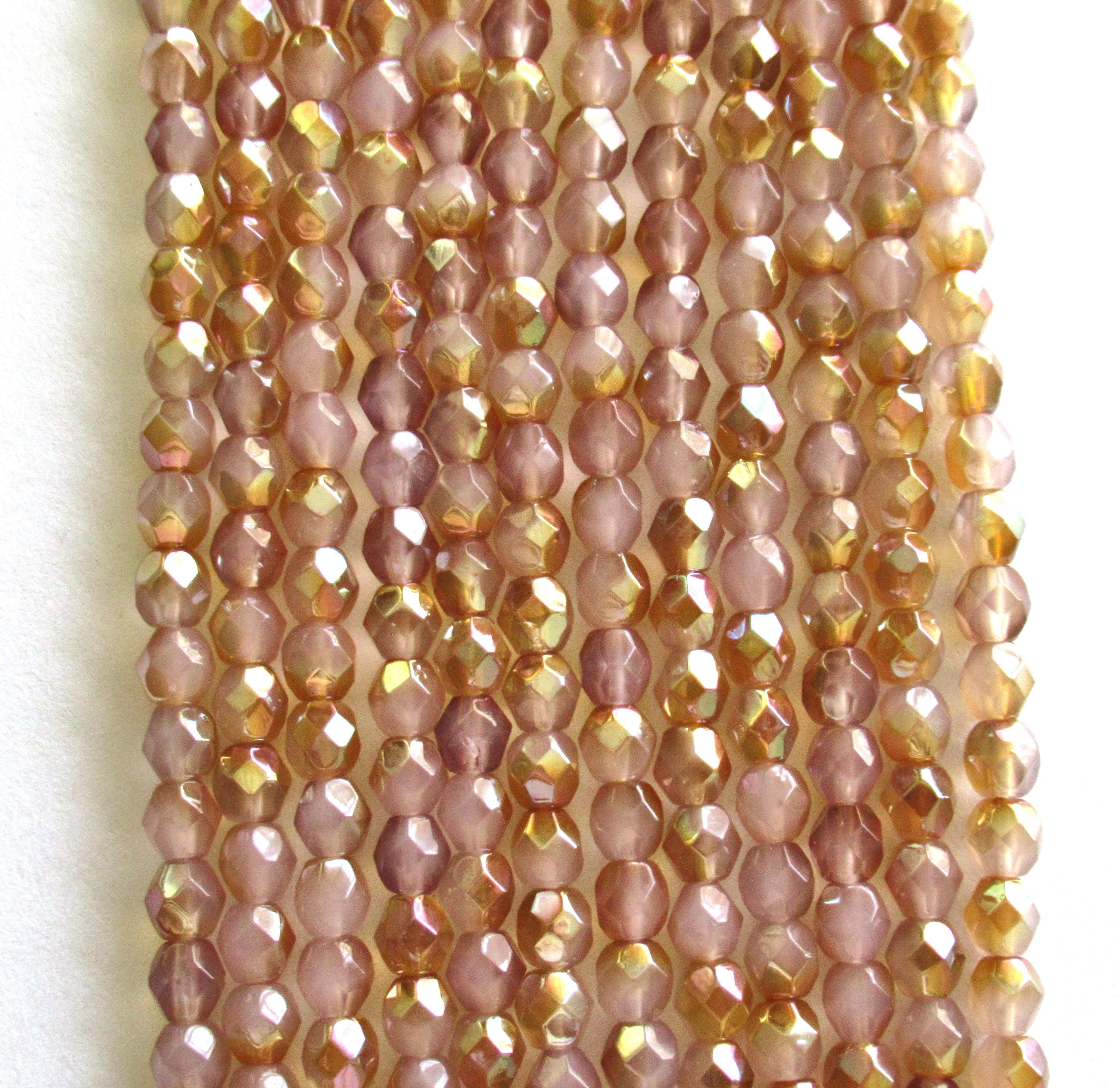 Lot of 50 4mm Czech glass beads - light Milky Pink Celsian - round faceted fire polished beads - C0096