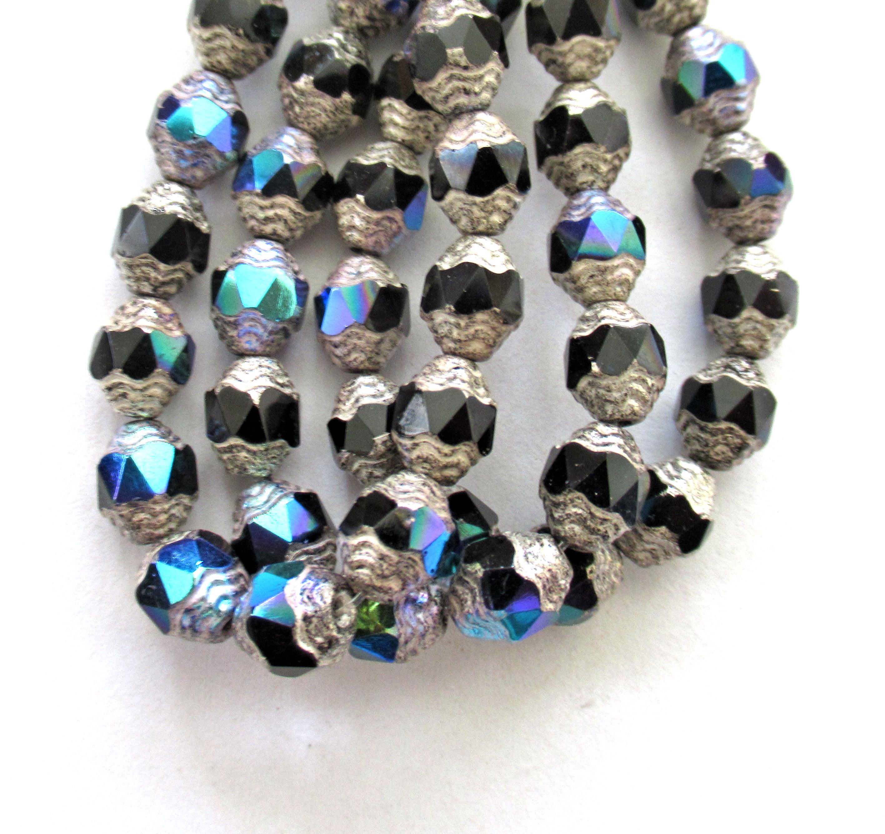 15 Czech glass mini antique style oval cathedral beads - 8 x 6mm jet black ab beads with silver accents - faceted fire polished beads - C00071