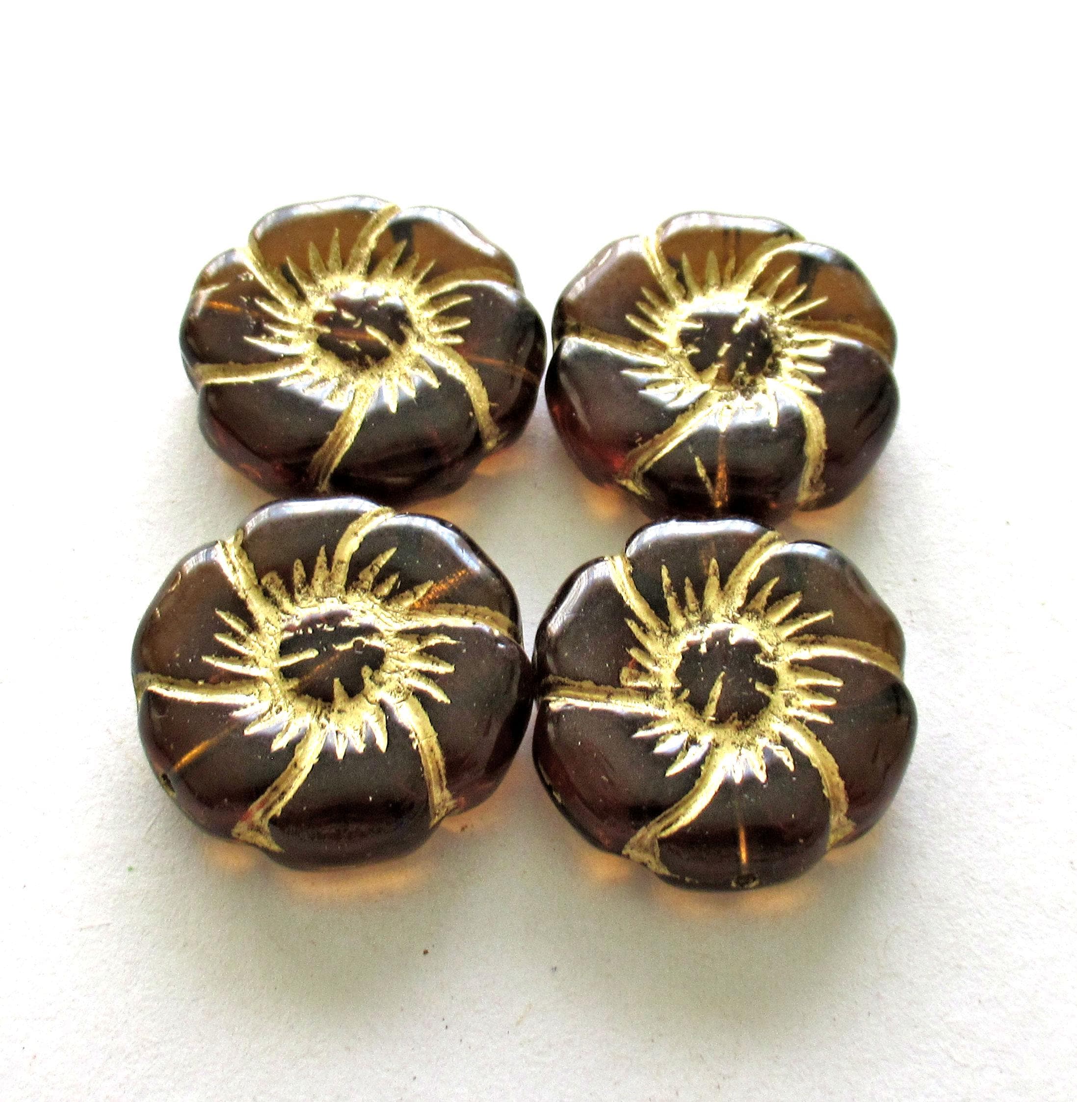 Two large 22mm Czech glass flower beads - transparent smoky topaz brown beads with gold accents - pressed focal or statement beads - 00011