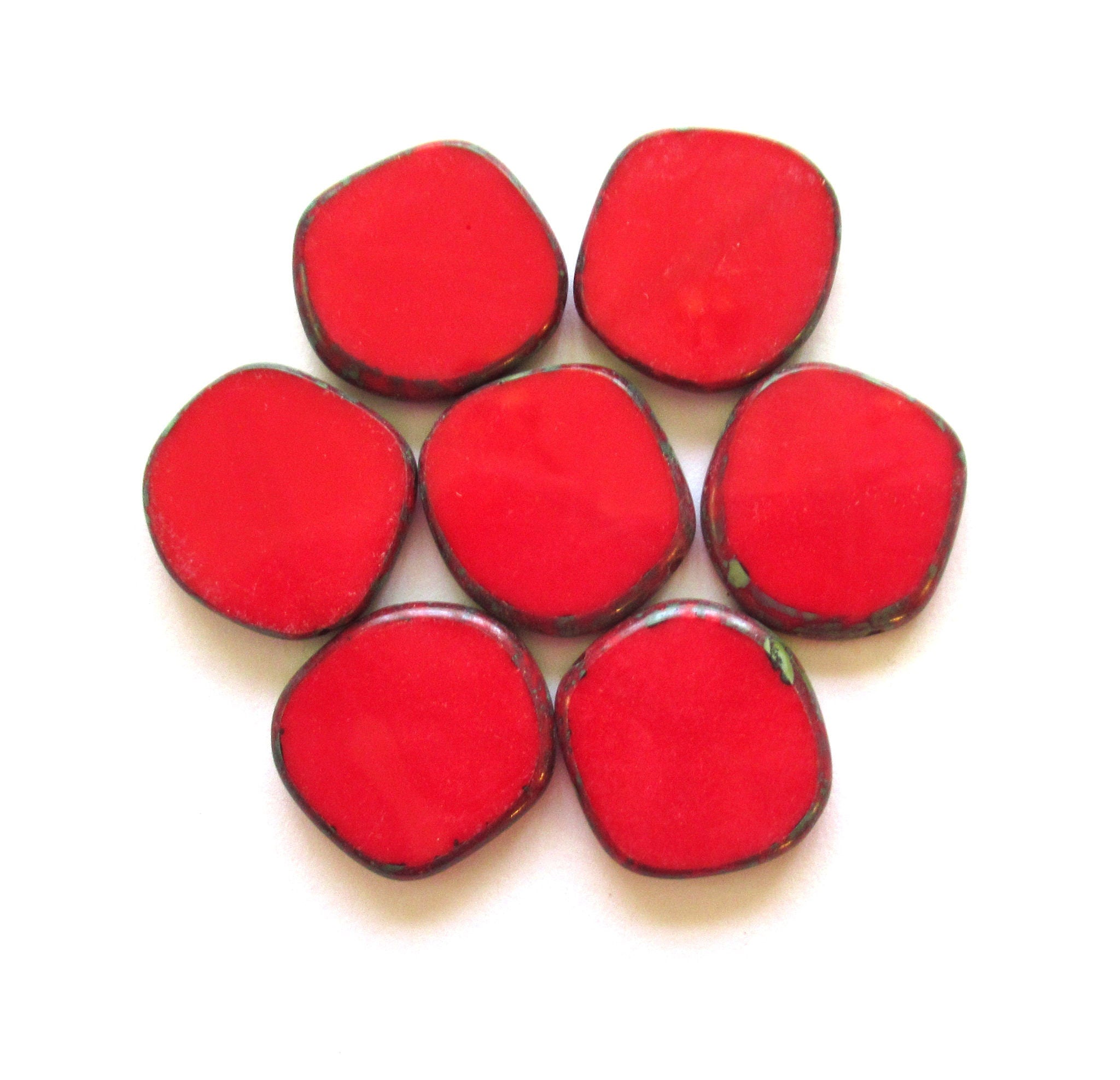 Four 22mm Czech glass asymmetrical coin table cut beads - opaque red Picasso rustic earthy beads - C00871