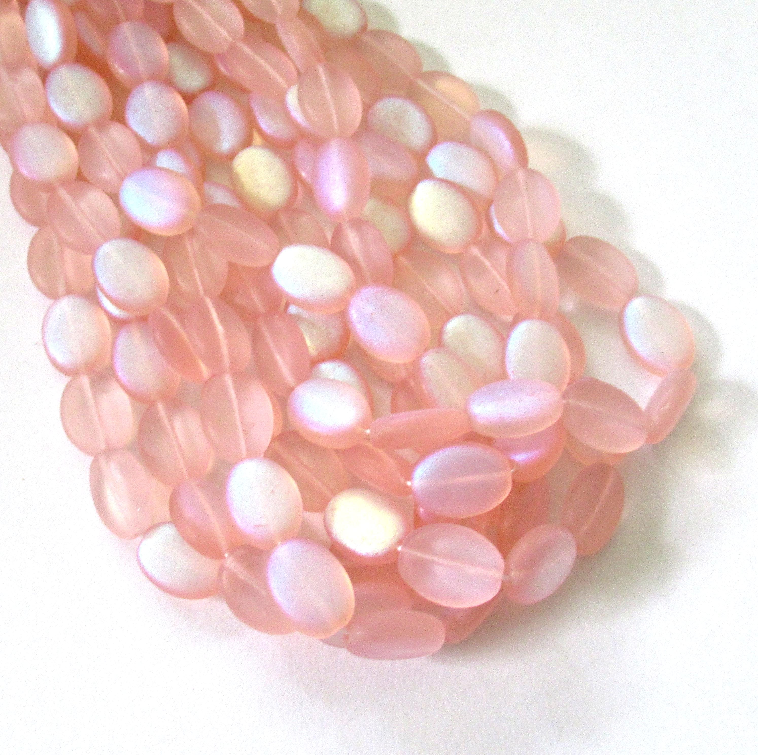 25 Czech glass flat oval beads - matte pink ab - 12mm x 9mm - pressed glass beads C0059