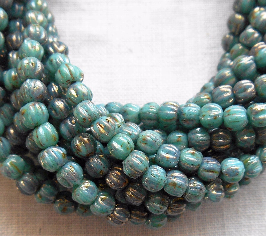 Lot of 100 3mm Opaque Turquoise Blue Green Bronze Picsso Czech pressed glass melon beads C1850