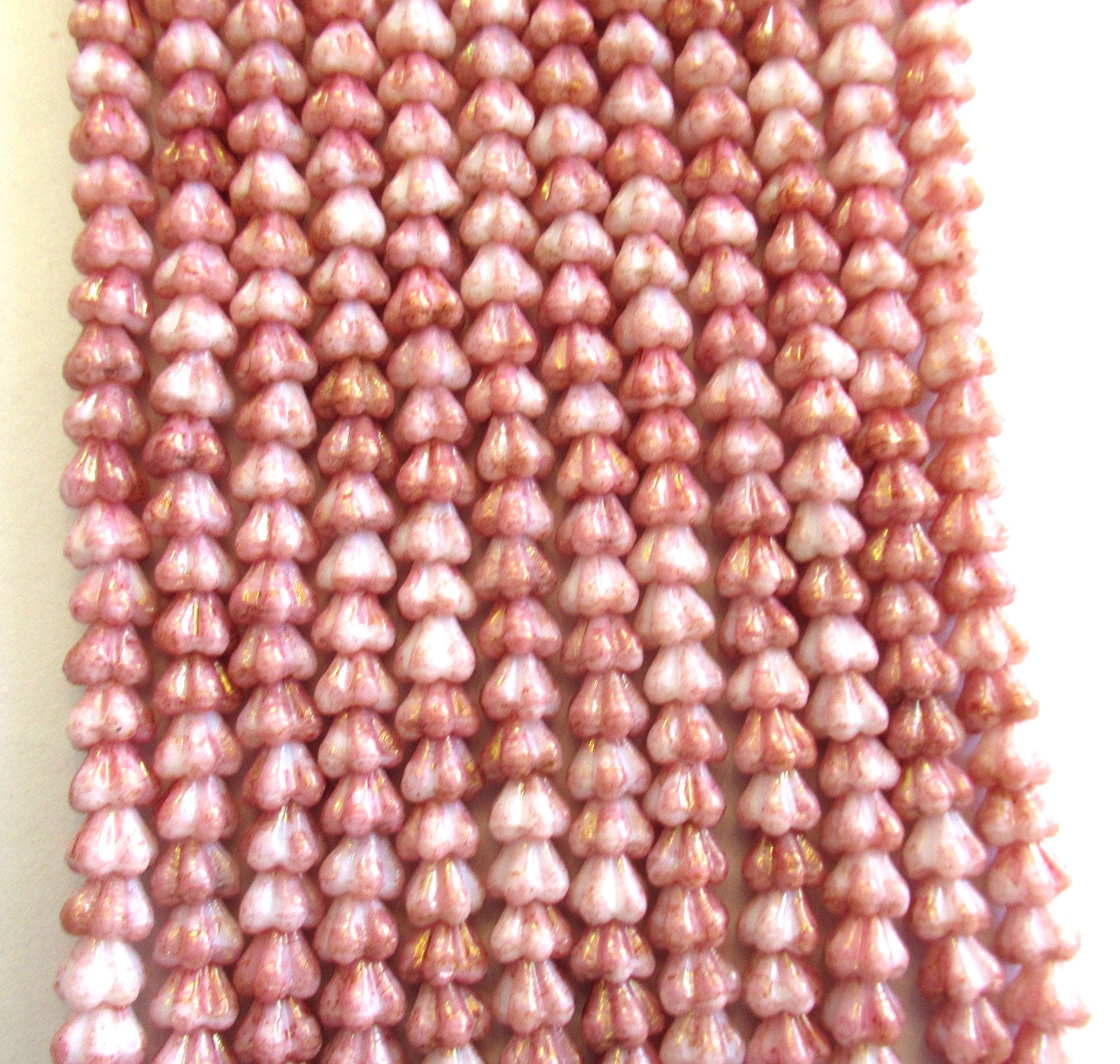 50 6mm x 4mm Czech glass baby bell flower beads - opaque dark coral pink & white with a luster finish - pressed glass beads C0029