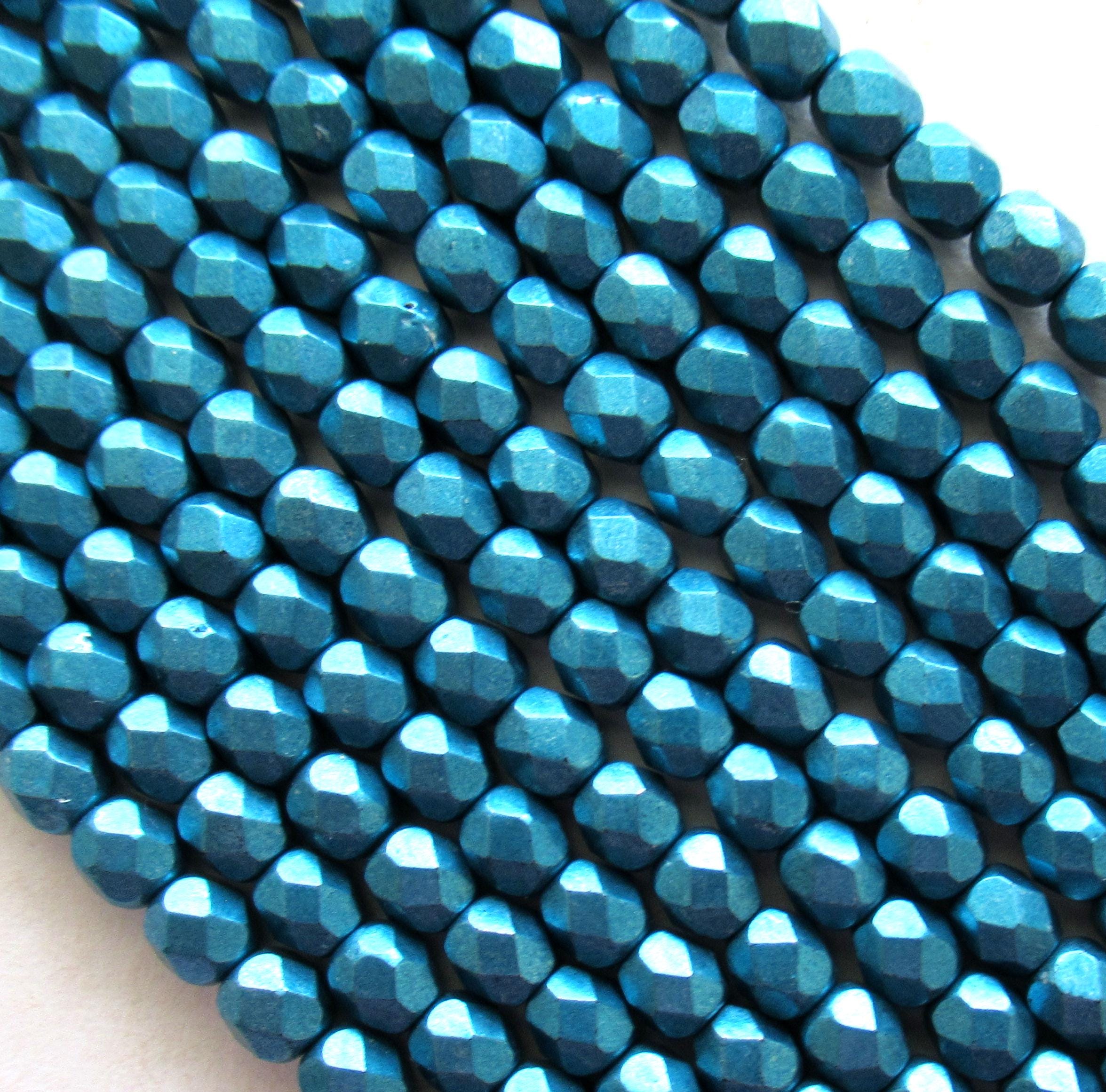 50 4mm Czech faceted round glass beads - saturated metallic shaded spruce blue - fire polished beads - C0084