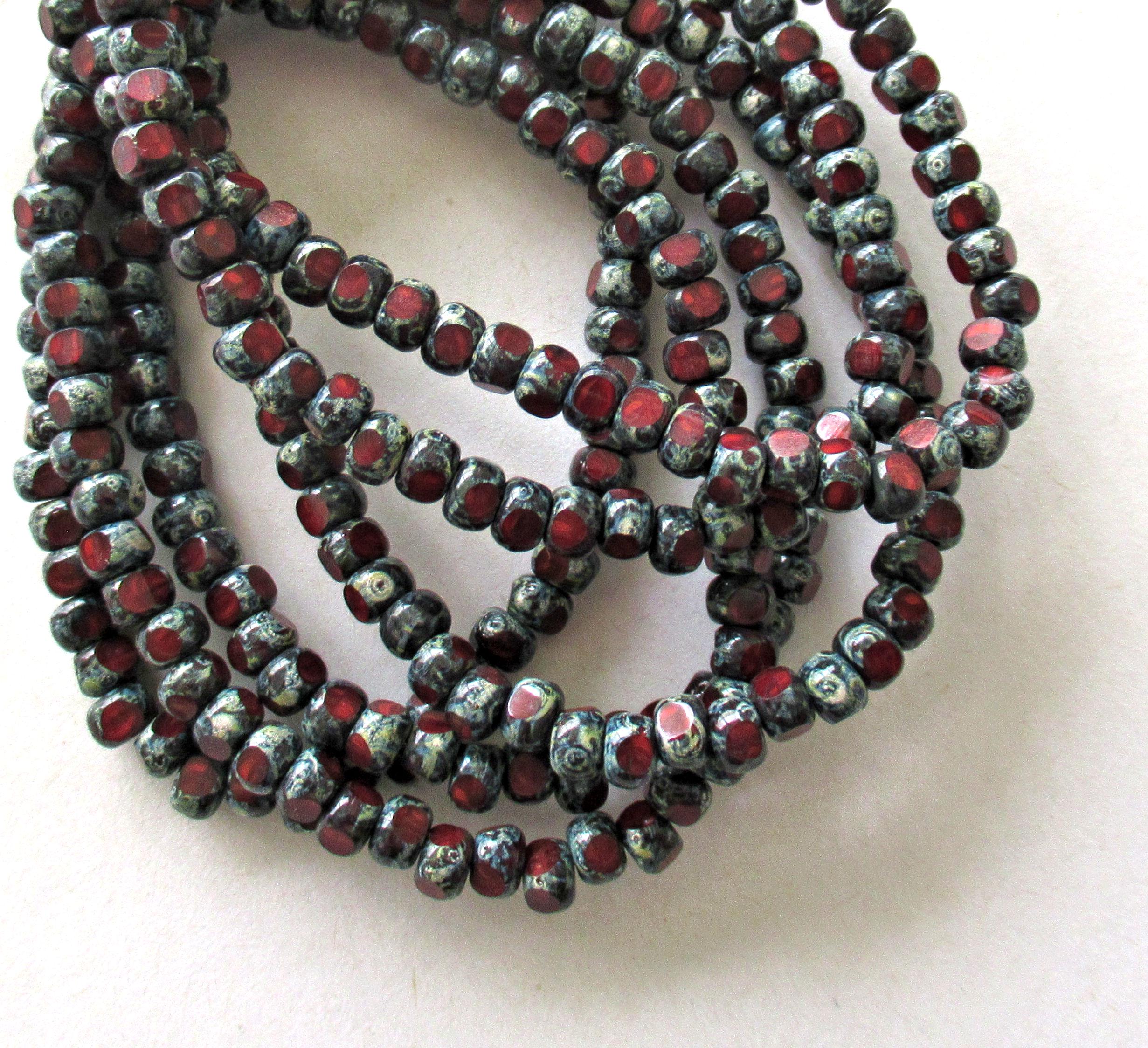50 4 x 3mm Czech glass Tri cut beads - opaque red picasso earthy rustic 6/0 faceted garnet seed beads C00151