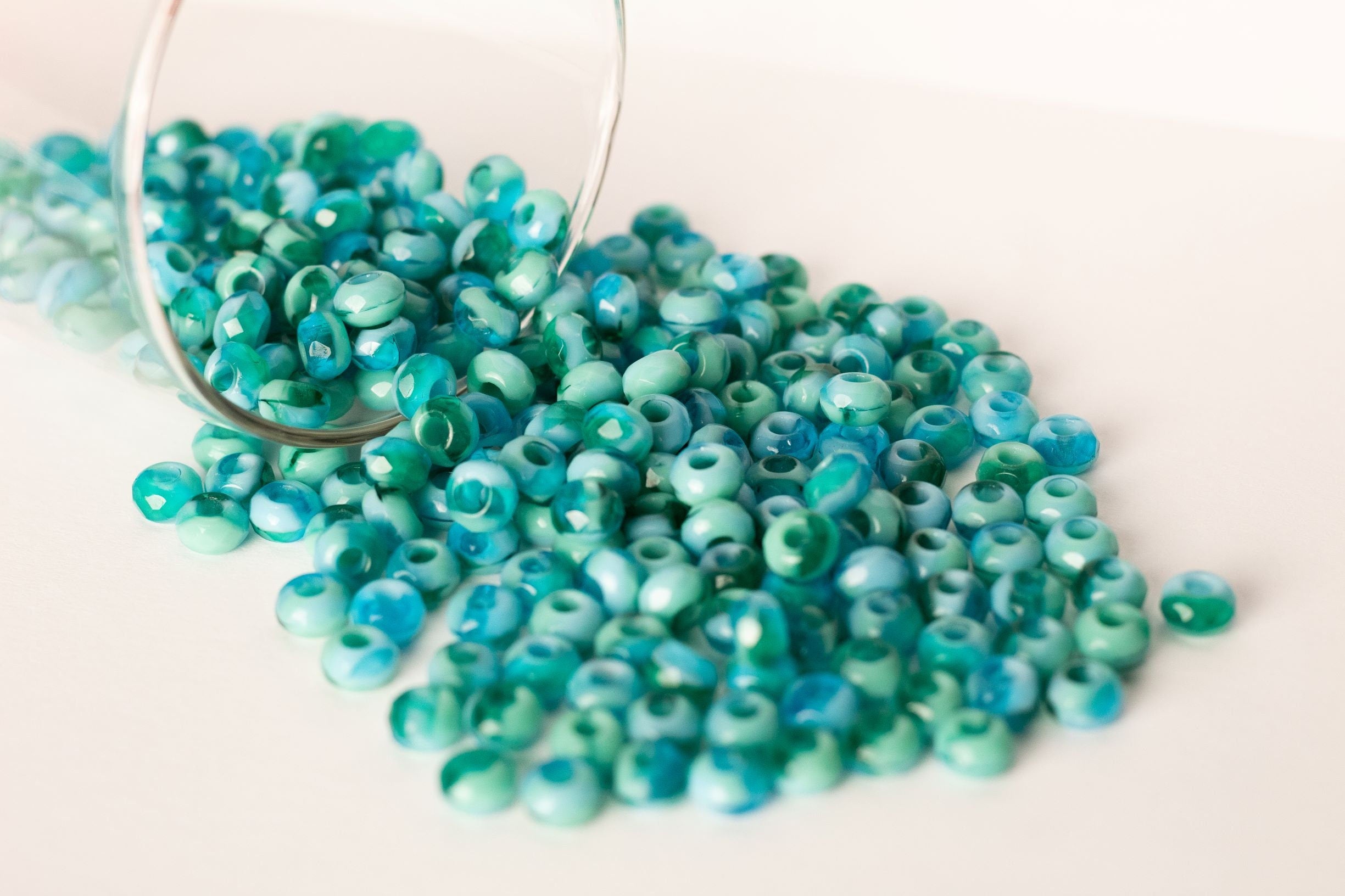 10 Czech glass faceted roller or beads - 6 x 9mm opaque & transparent blue and green marbled tyre beads - big 3.38mm hole beads C0017