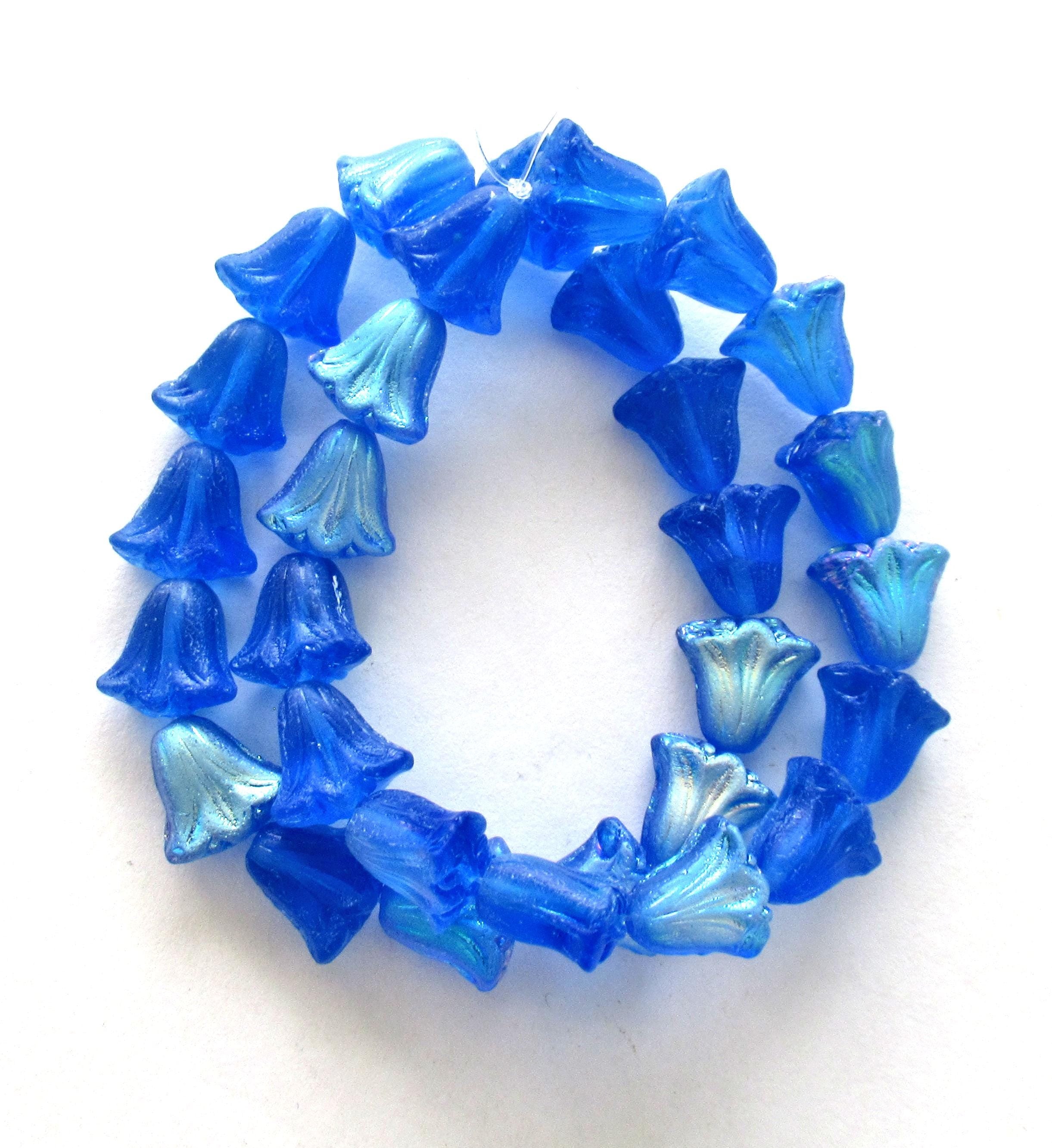 15 Czech glass flower beads - 9 x 10mm translucent matte sapphire blue ab beads - lily flower beads C00002