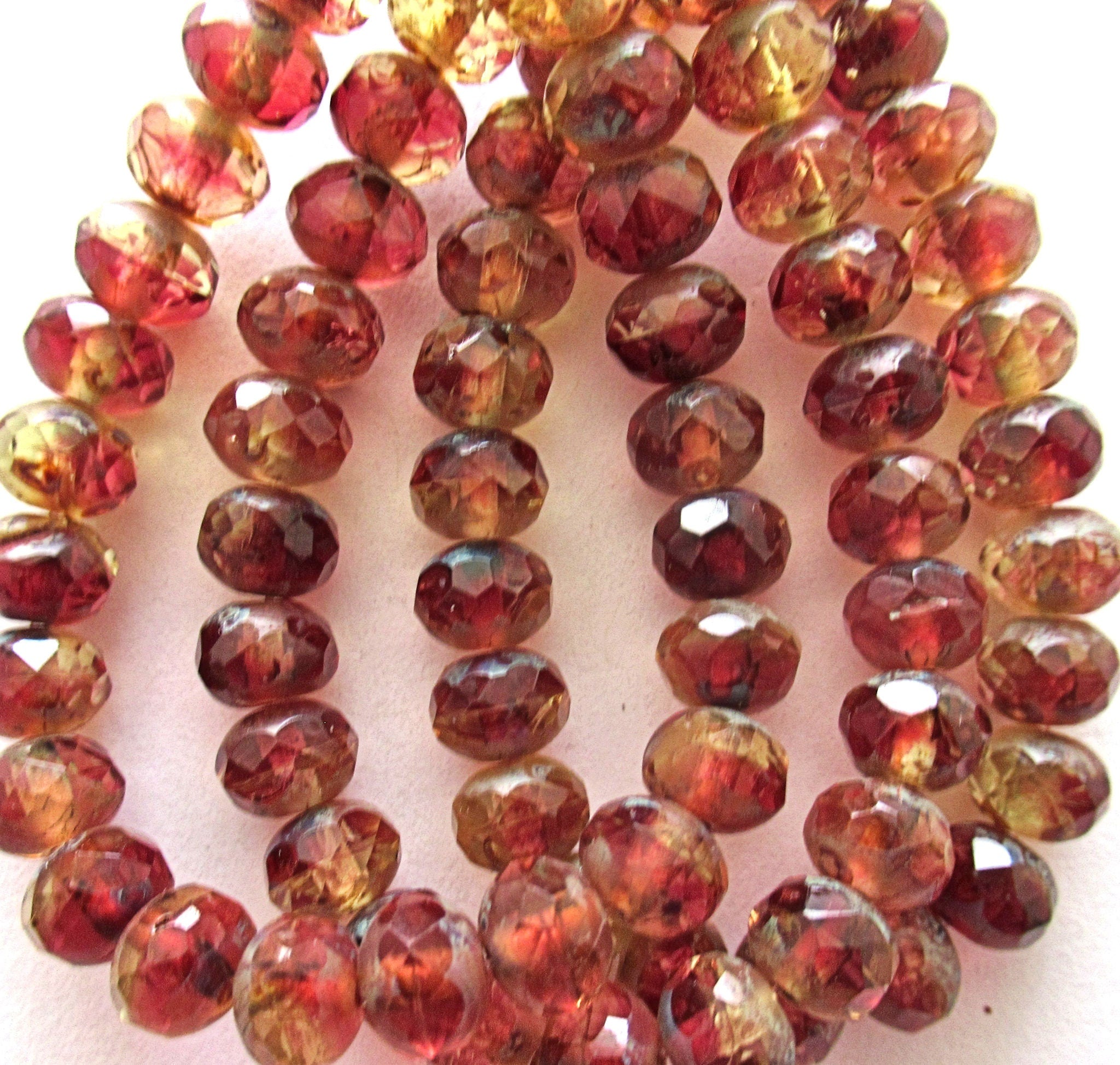 Lot of 25 Czech glass puffy rondelle beads - 5 x 7mm amber & pink color mix faceted rondelles C00961