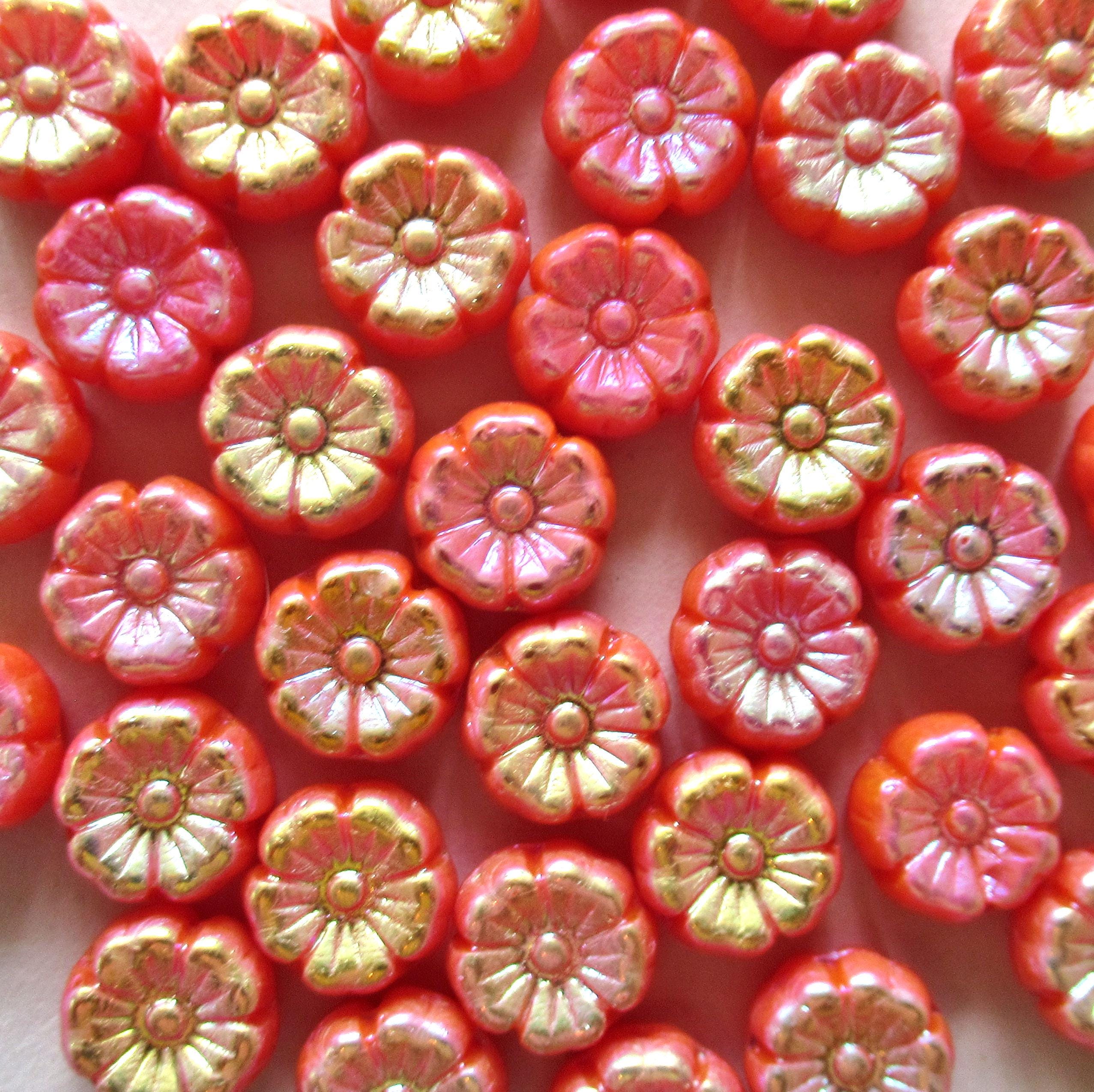 Fifteen 8mm Czech glass flower beads - opaque orange with an ab finish on both sides - pressed glass Hawaiian hibiscus flower beads C00501