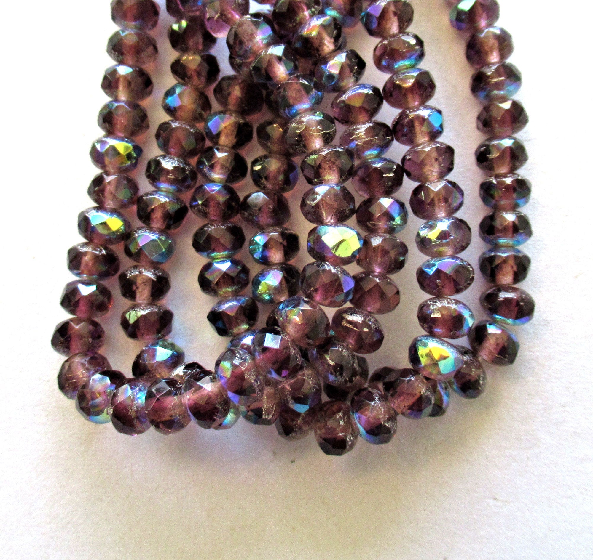 30 small Czech glass puffy rondelle beads - purple or amethyst ab - 3mm x 5mm - faceted fire polished rondelles - 00041