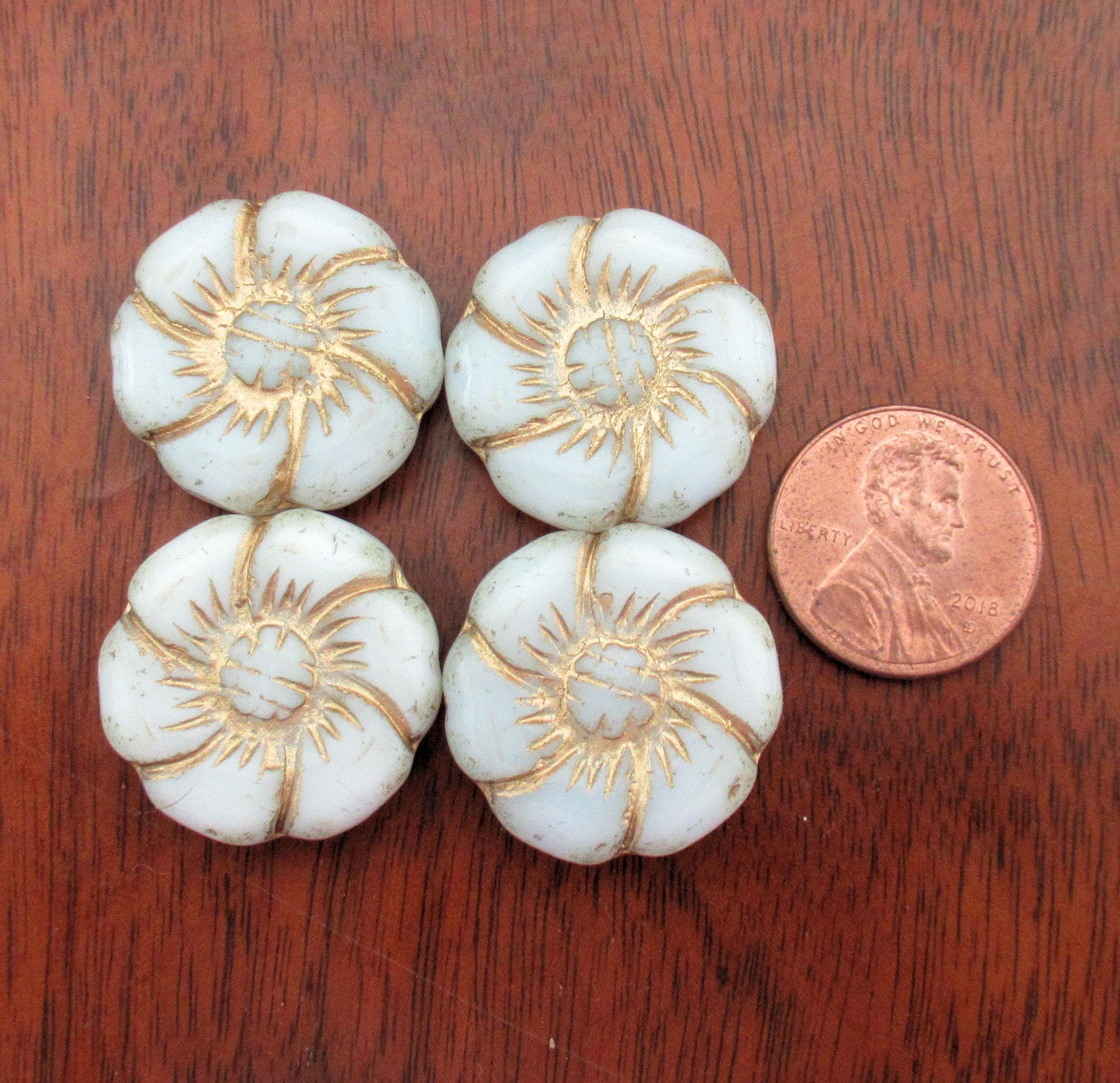 Two large 22mm Czech glass flower beads - opaque white beads with gold accents - pressed focal or statement beads - 00011