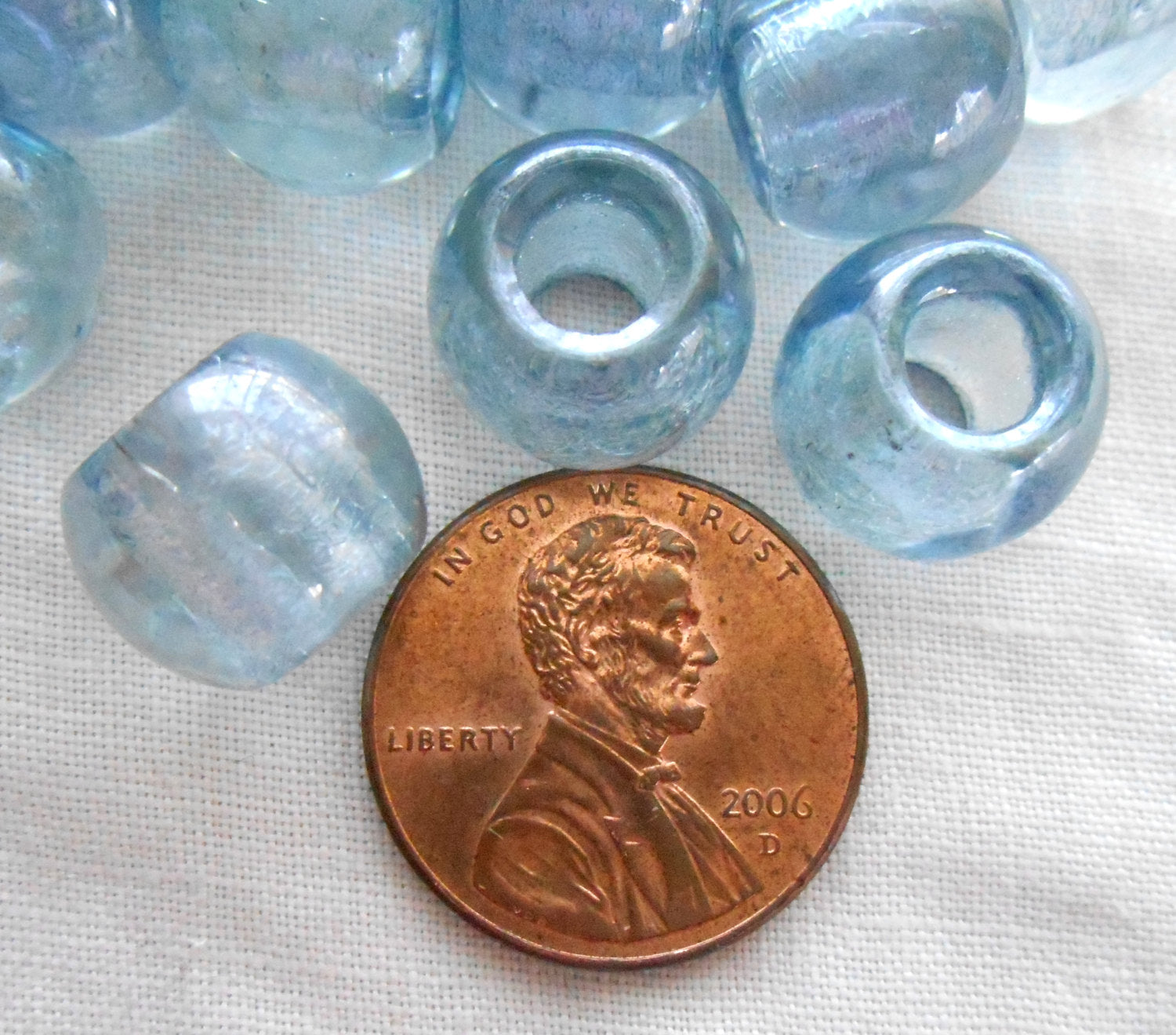 Six 12mm round Lumi Blue iridescent large glass big hole druk beads, 4.5mm holes, C4801