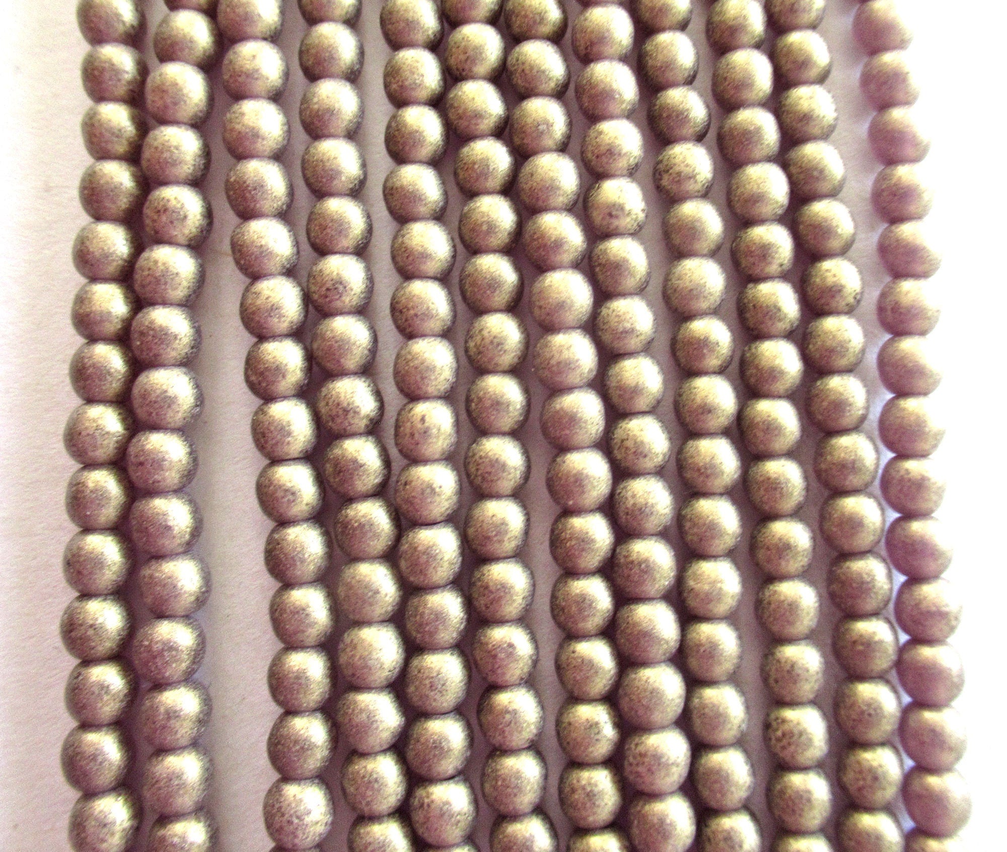 100 4mm Czech glass druk beads - matte metallic Sueded Gold Amethyst smooth round druk beads - purple beads with a frosty gold finish C0026