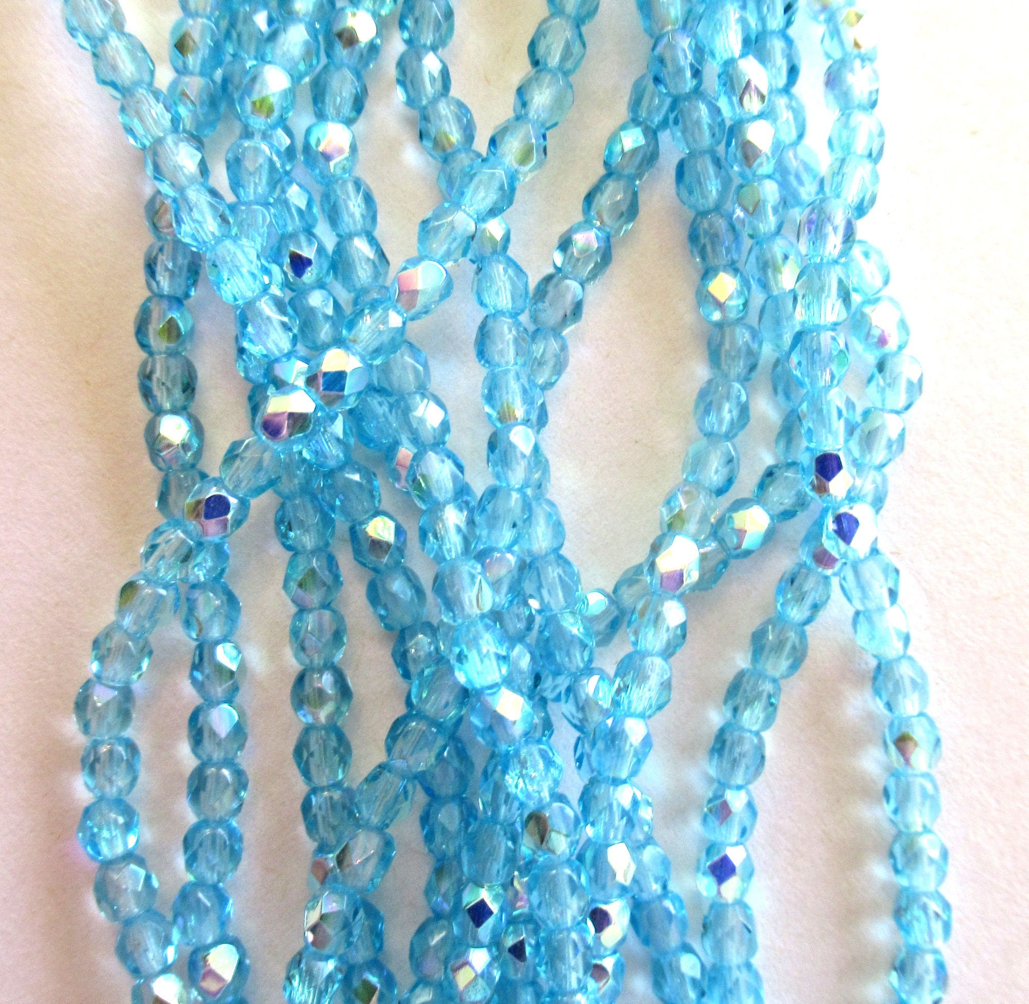 50 3mm Aqua Blue AB Czech glass beads - fire polished faceted round beads C0015