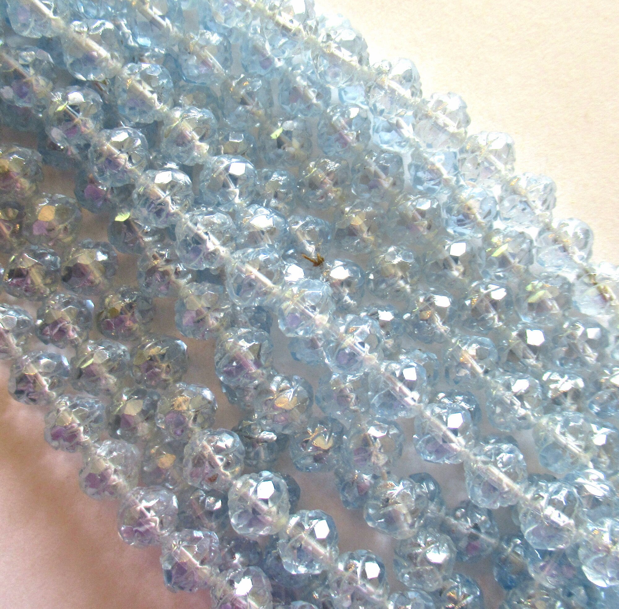 Lot of 12 Czech glass rosebud beads - Luster Light Sapphire 8 x 7mm - faceted fire polished antique cut beads C0084