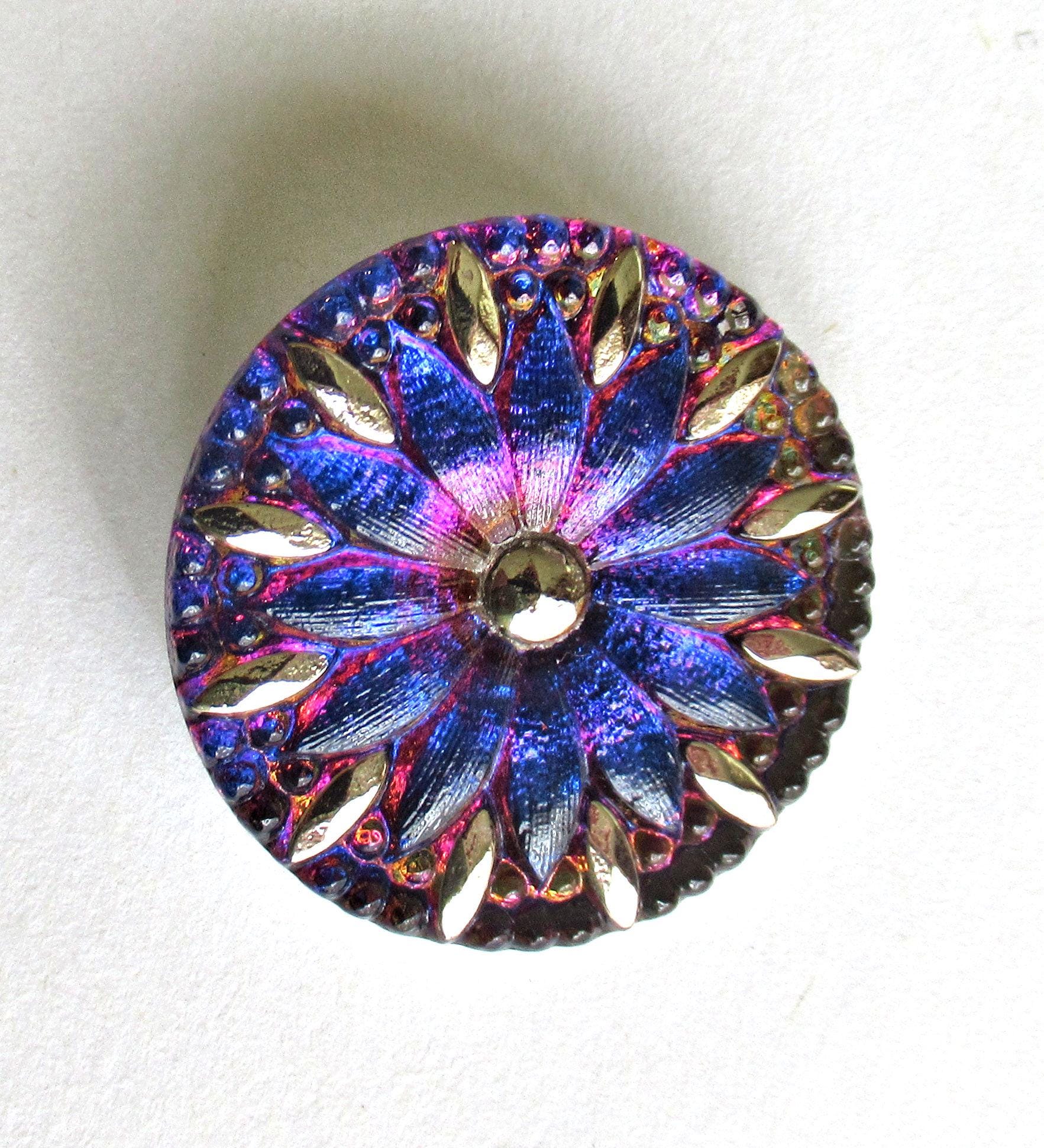 One large Czech glass button - 31mm - blue & pink flower button with silver accents - decorative floral shank button - C00824