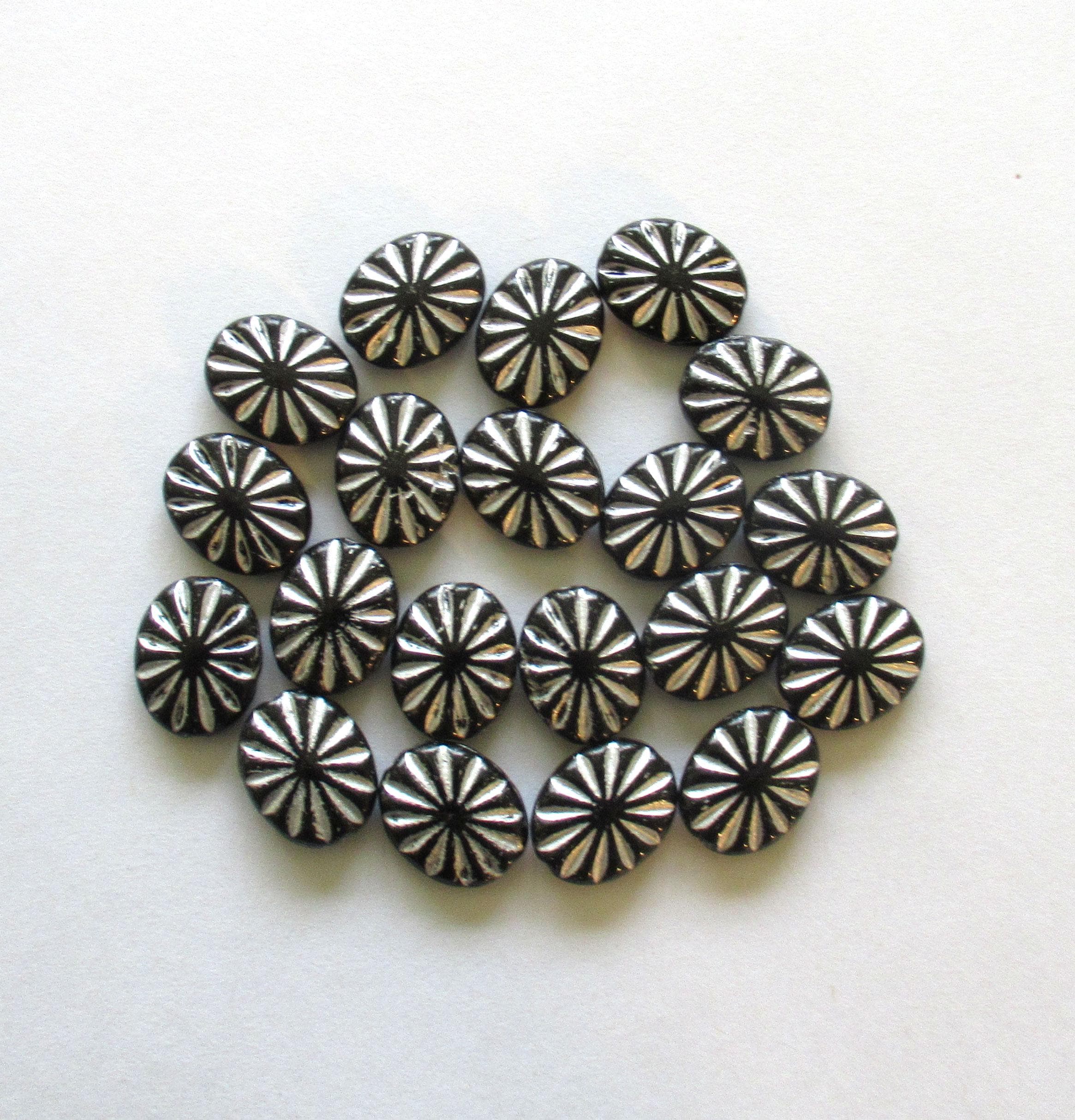 Czech glass oval beads - black beads with a silver wash - 14mm x 11mm - sun burst pressed glass beads - 8 beads - C0431