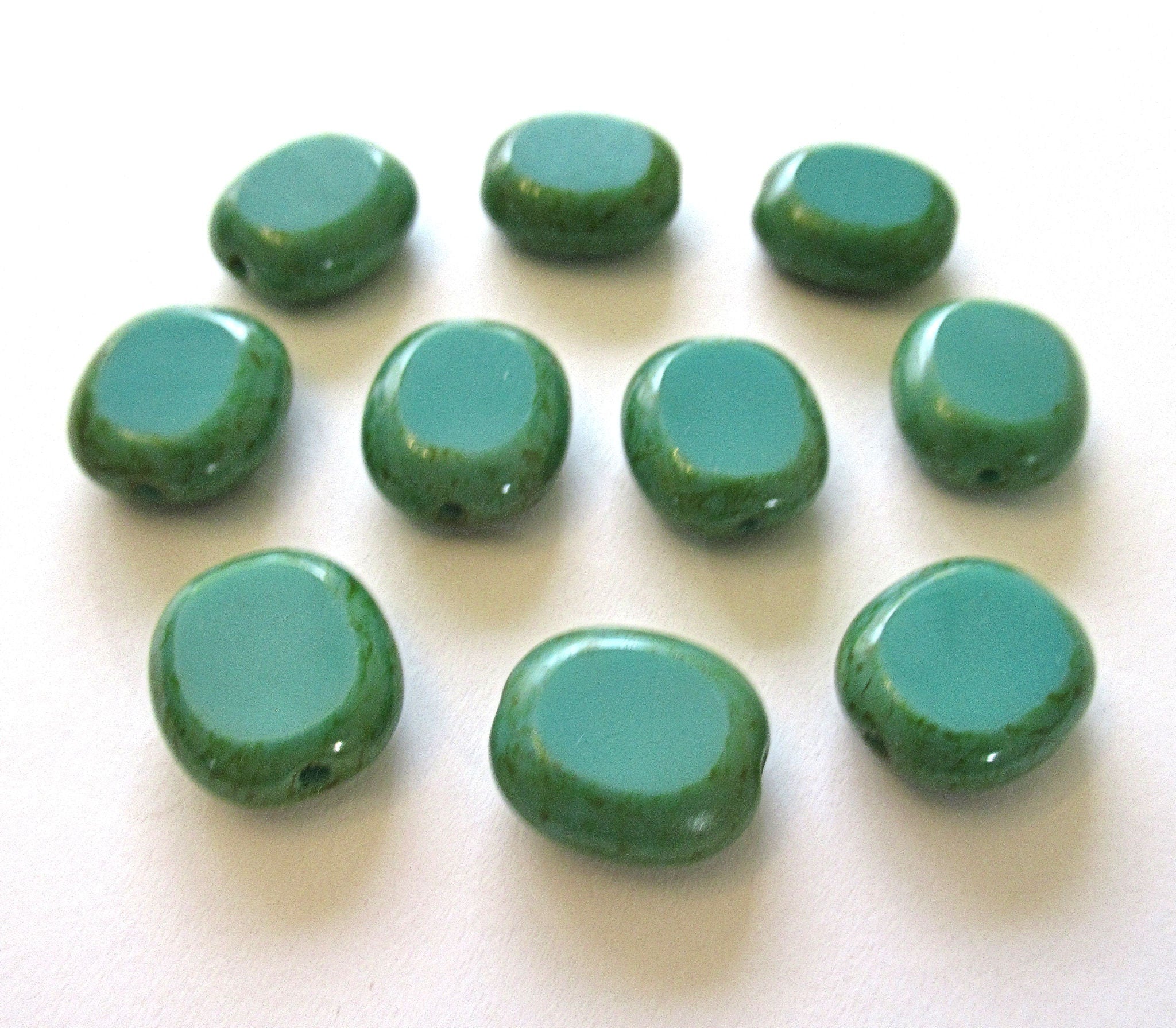 Ten Czech glass oval beads - 14 x 12mm turquoise green picasso table cut window beads - 00321
