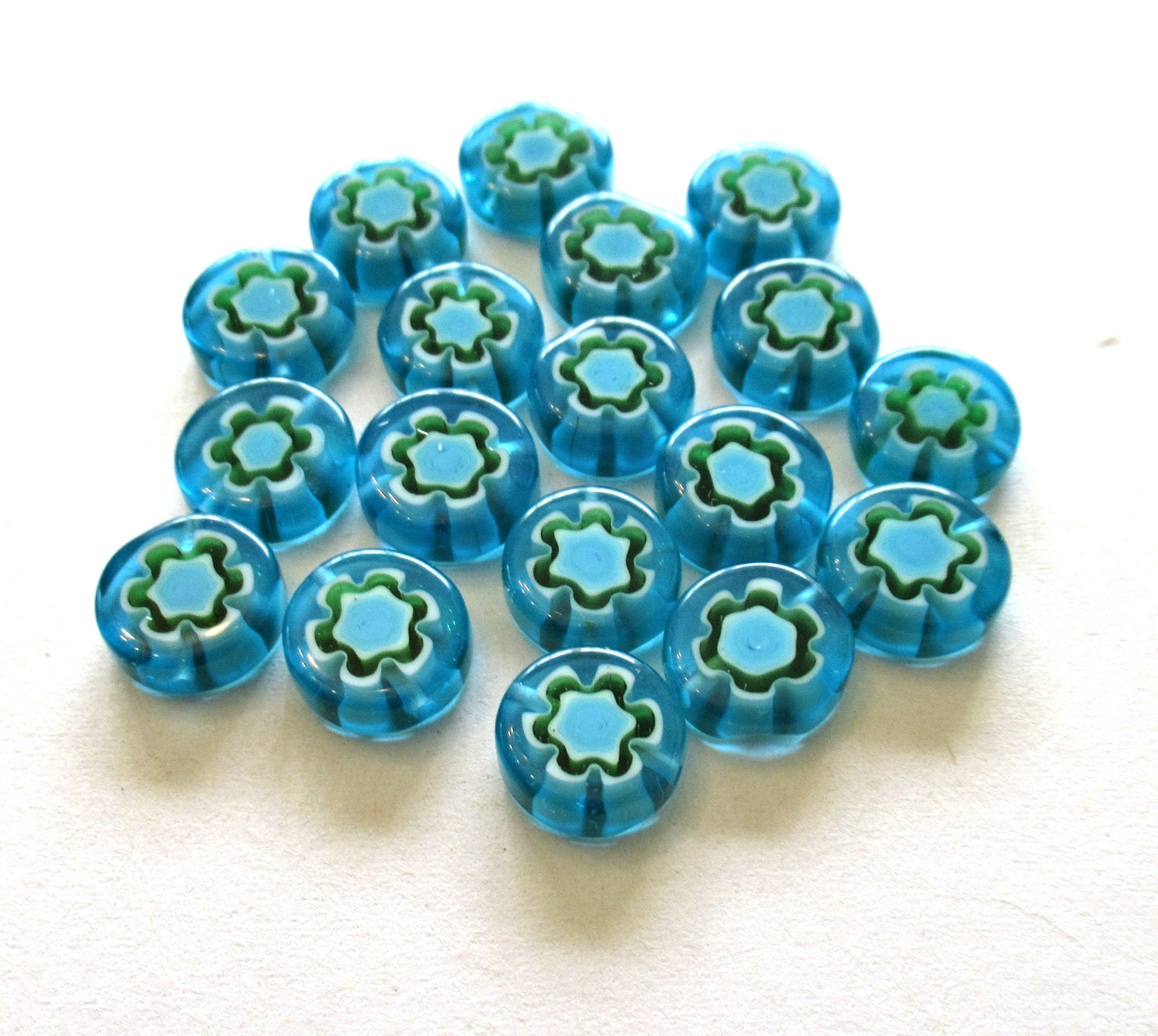 Ten 10mm cane or millefiori glass beads - aqua blue green and white coin or disc beads - C0095