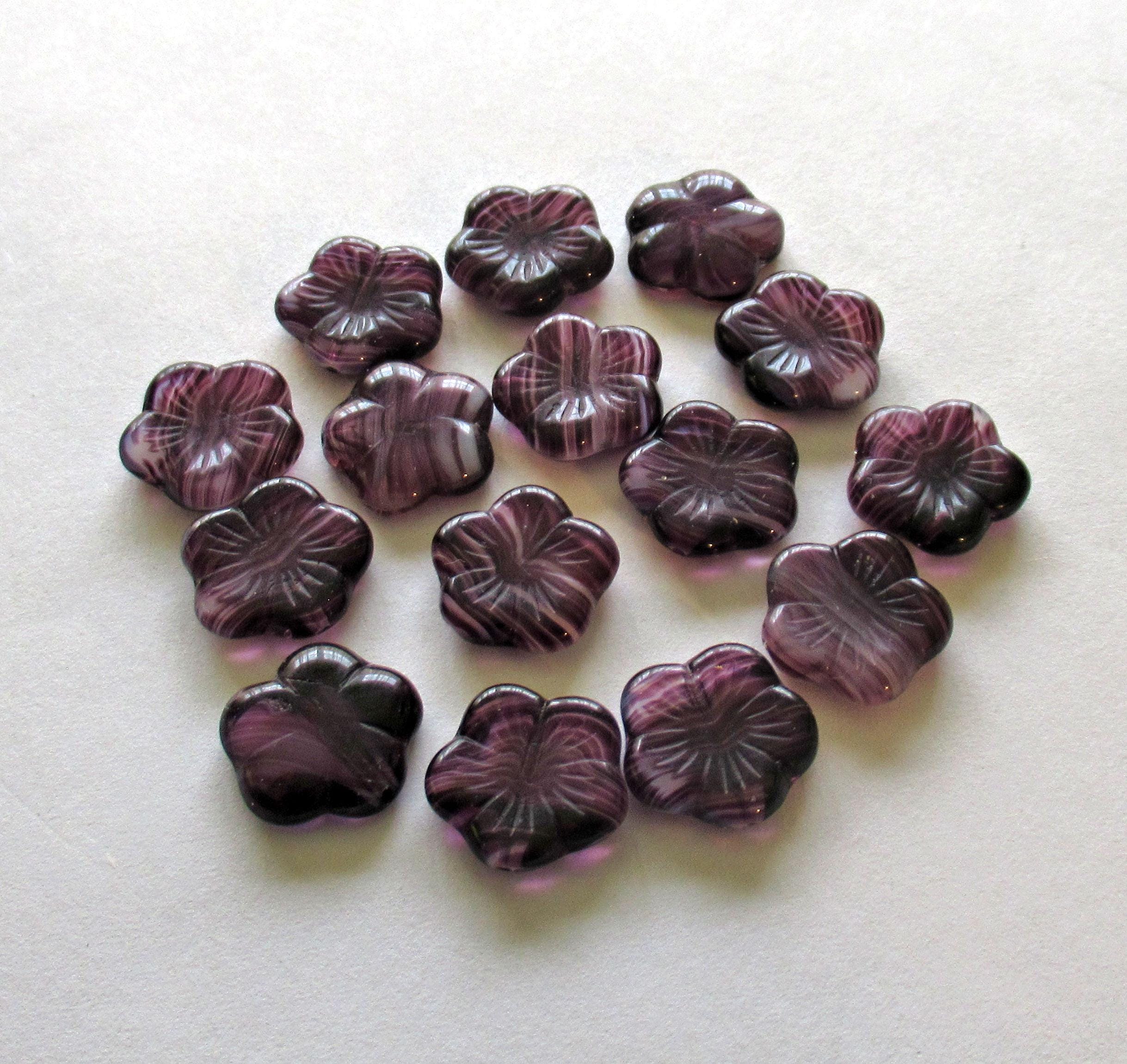 Ten 14mm Czech glass flower beads - marbled amethyst purple and white pressed glass floral beads - C0021