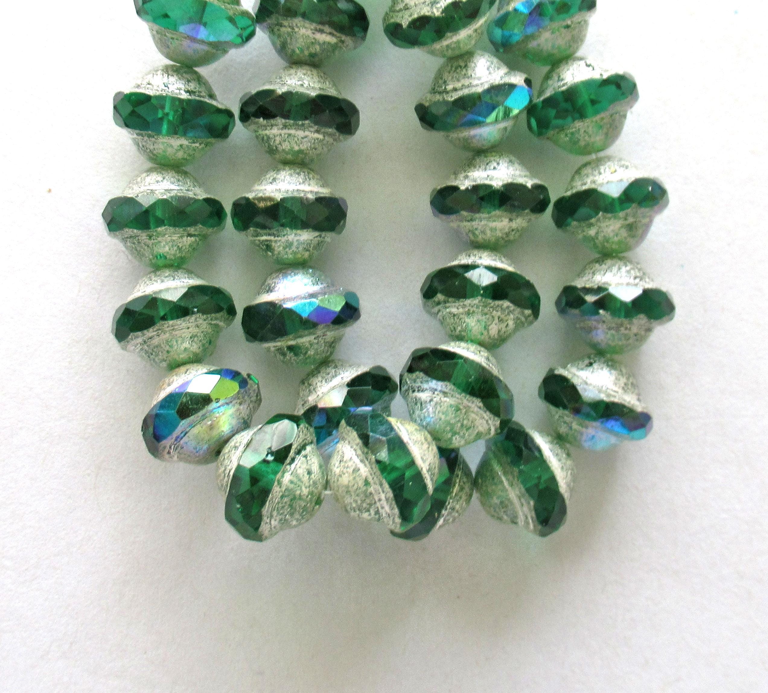 Fifteen Czech glass faceted saturn / saucer beads - 8 x 10mm - emerald green ab with antique silver picasso accents - C00081