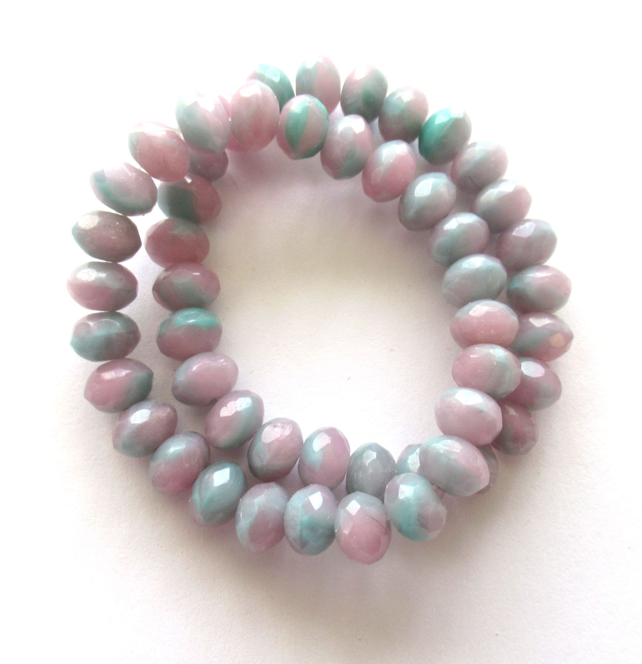 Lot of 25 Czech glass faceted puffy rondelle beads - 5 x 7mm pastel pink & blue / mint green mix rondelles C00612