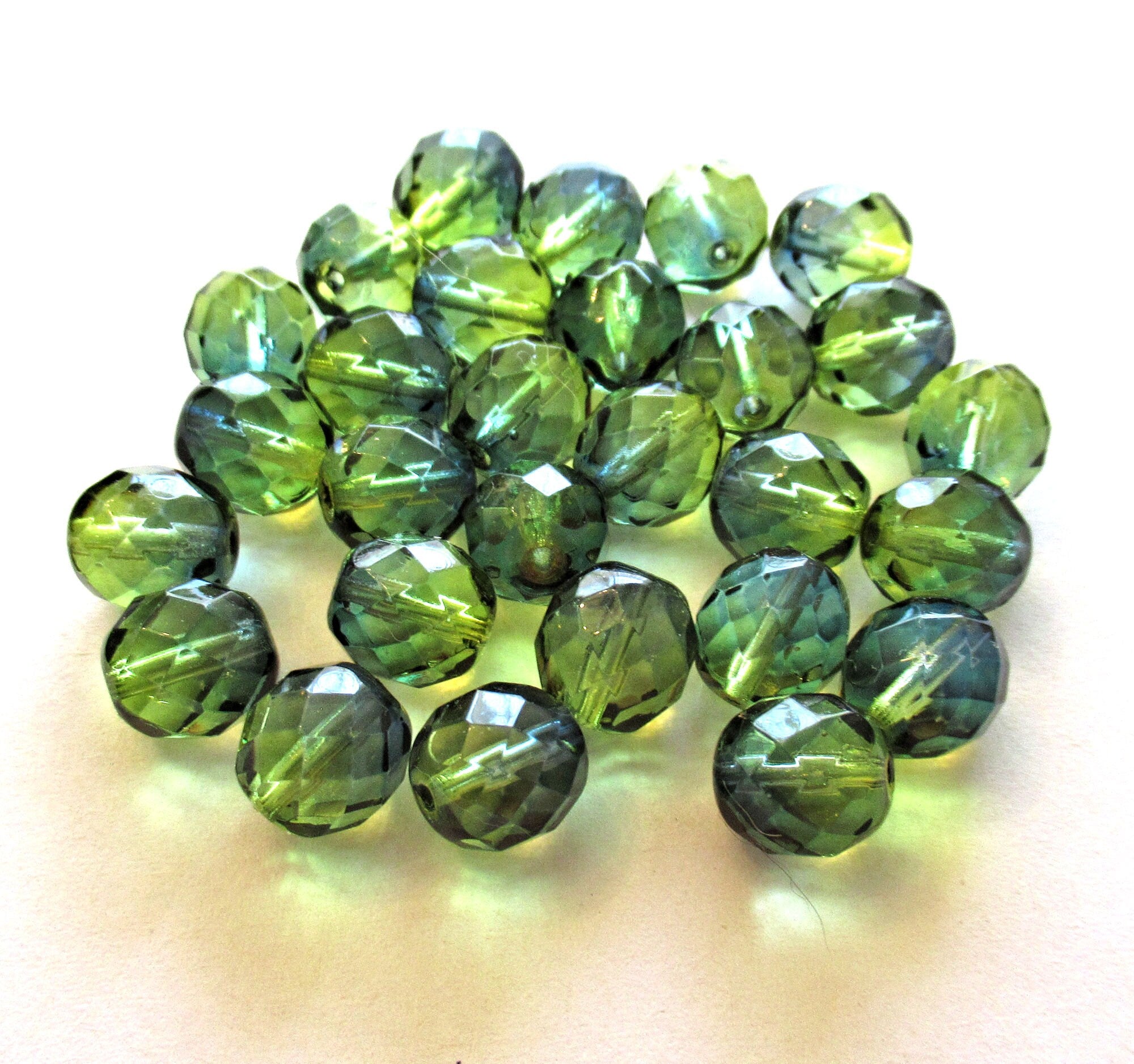 Twenty Czech glass fire polished faceted round beads - 10mm olive green or olivine & blue beads C00031