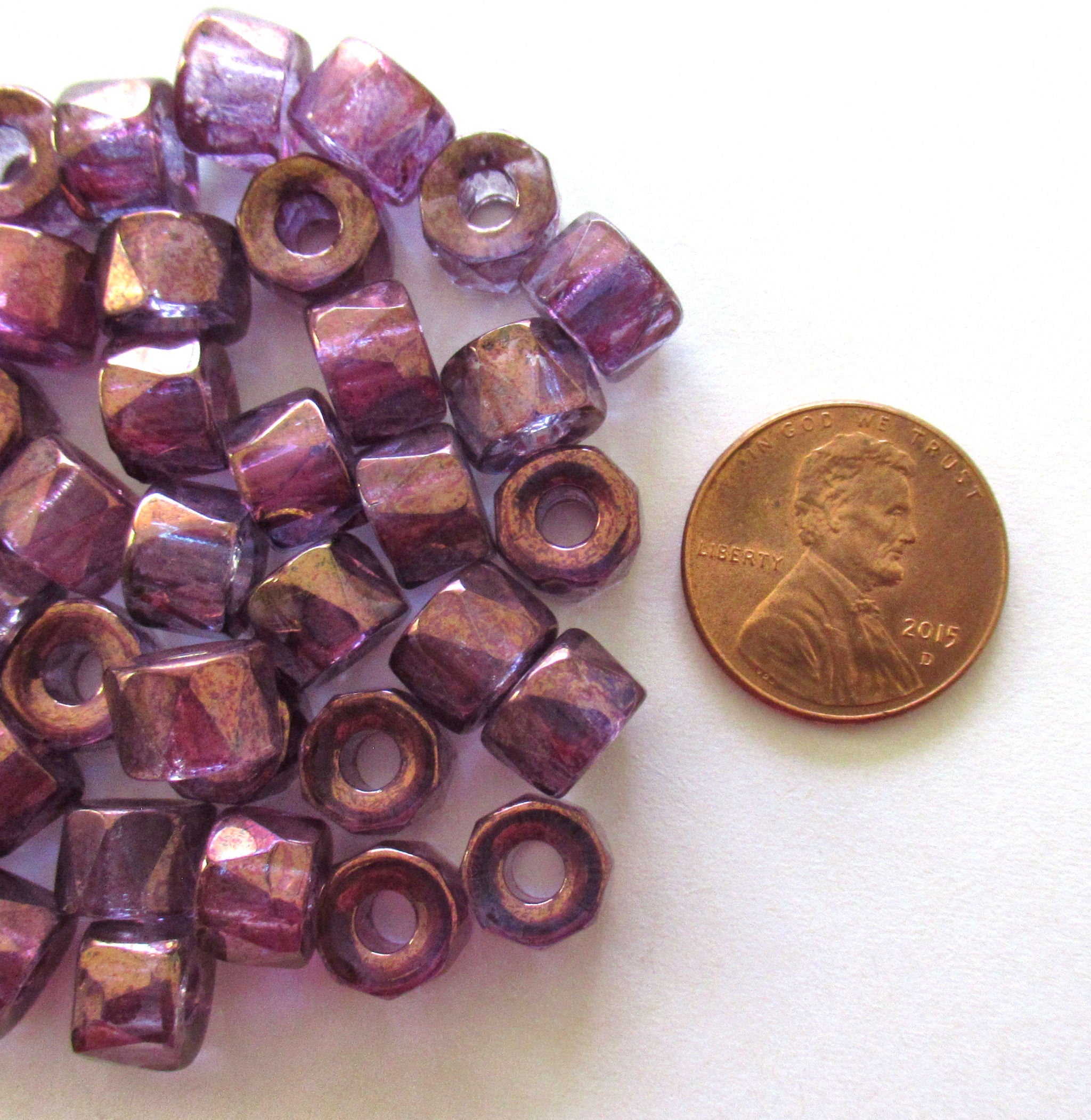 Lot of 25 9mm faceted Czech glass pony beads - lumi amethyst crow, roller beads - large hole purple faceted fire polished beads 00802
