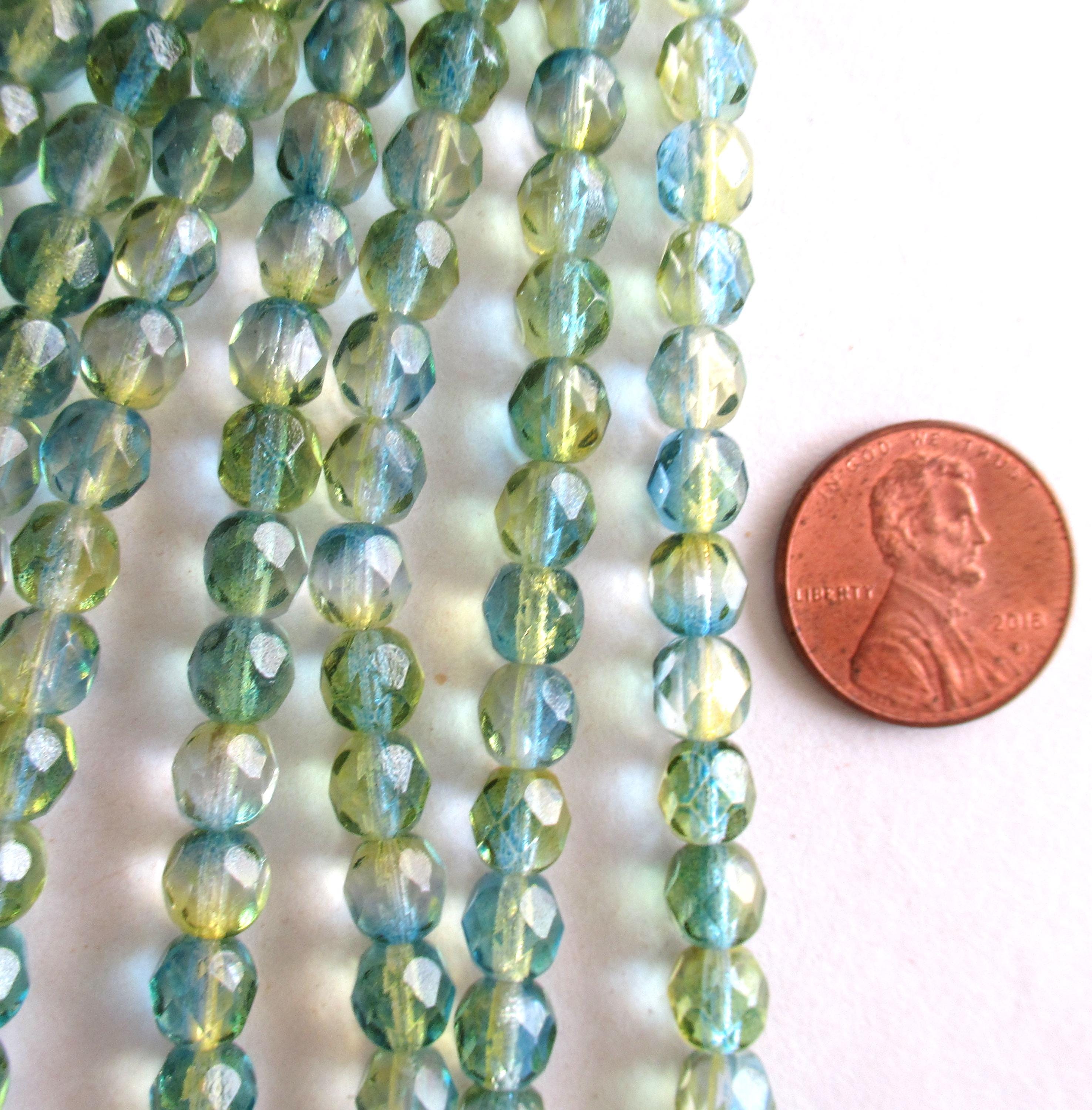 25 6mm Czech glass beads - blue & yellow coated color mix - fire polished - faceted beads - C0075