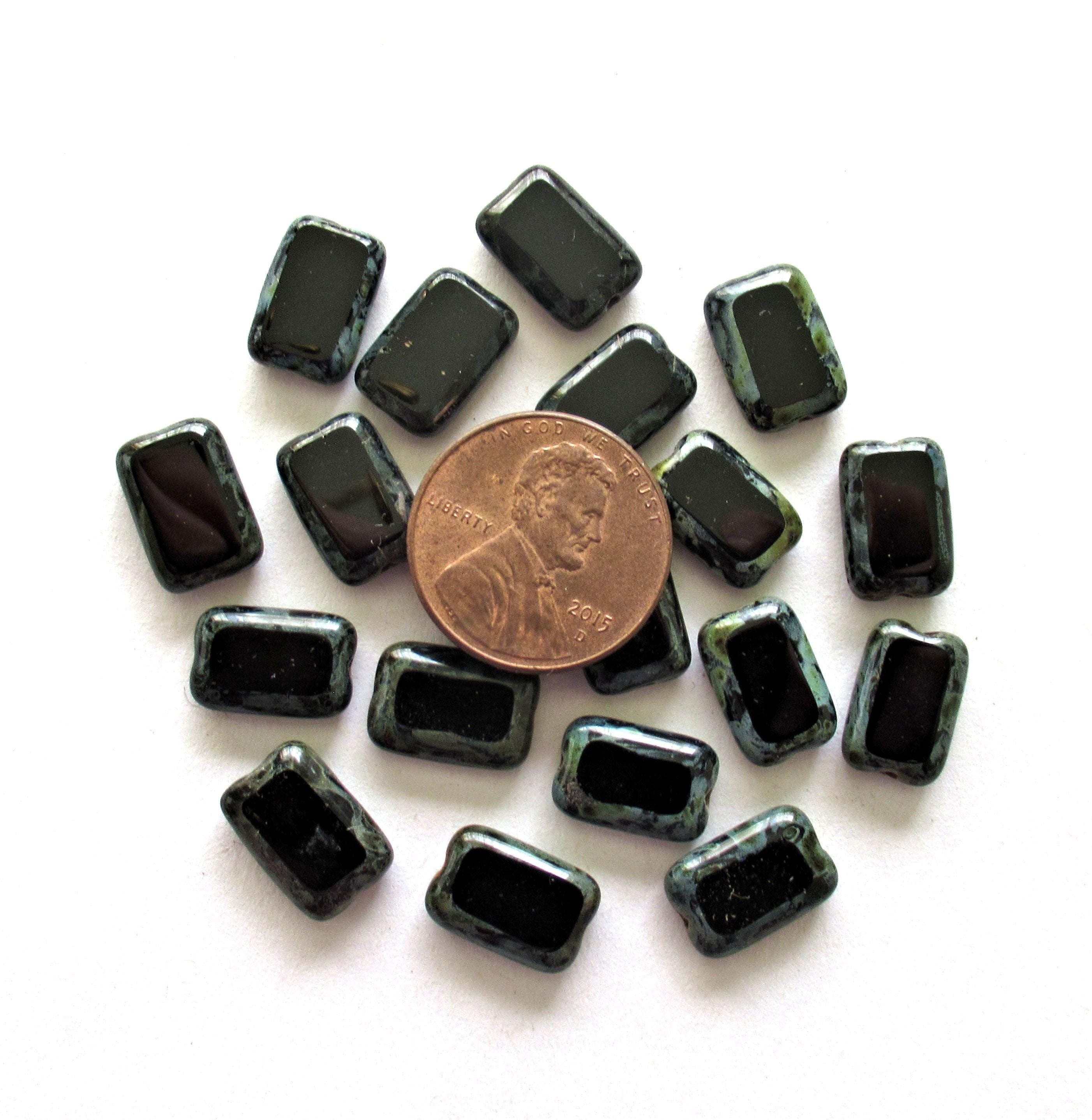 Black rectangle beads - opaque Czech glass beads with a picasso finish - 12 x 8mm - table cut rectangular beads - 24 pieces - C00101