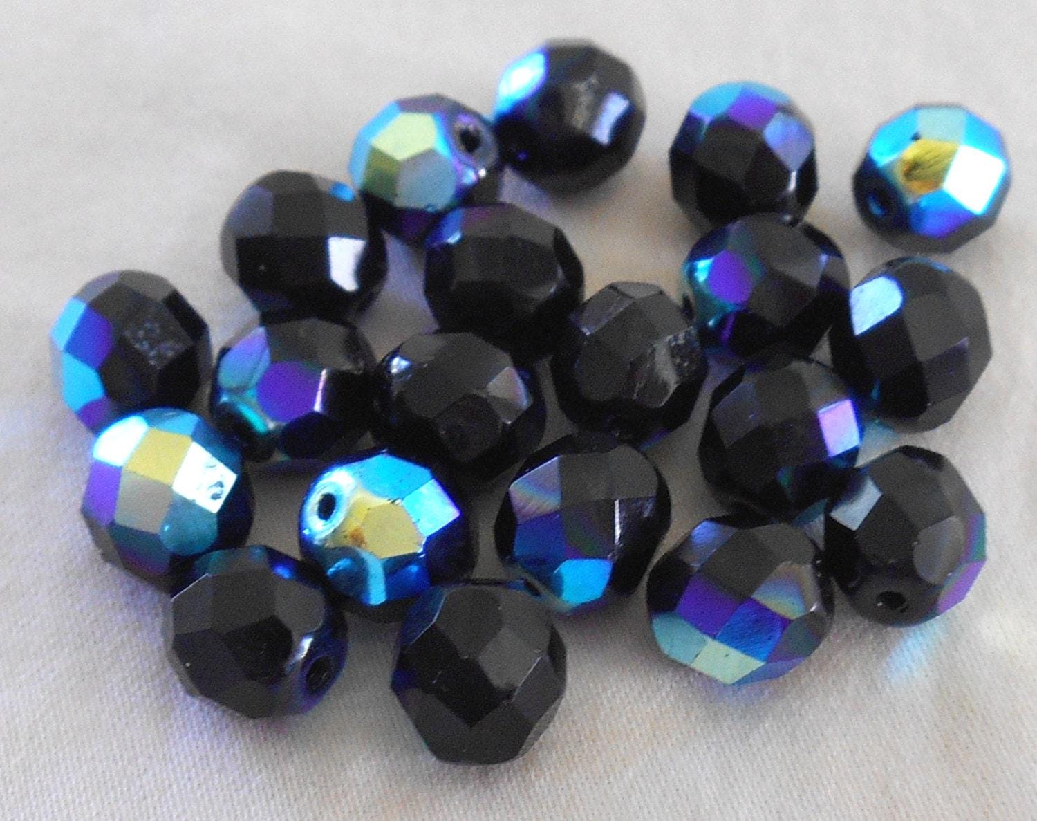 25 8mm Jet black AB Czech glass beads, fire polished faceted round glass beads