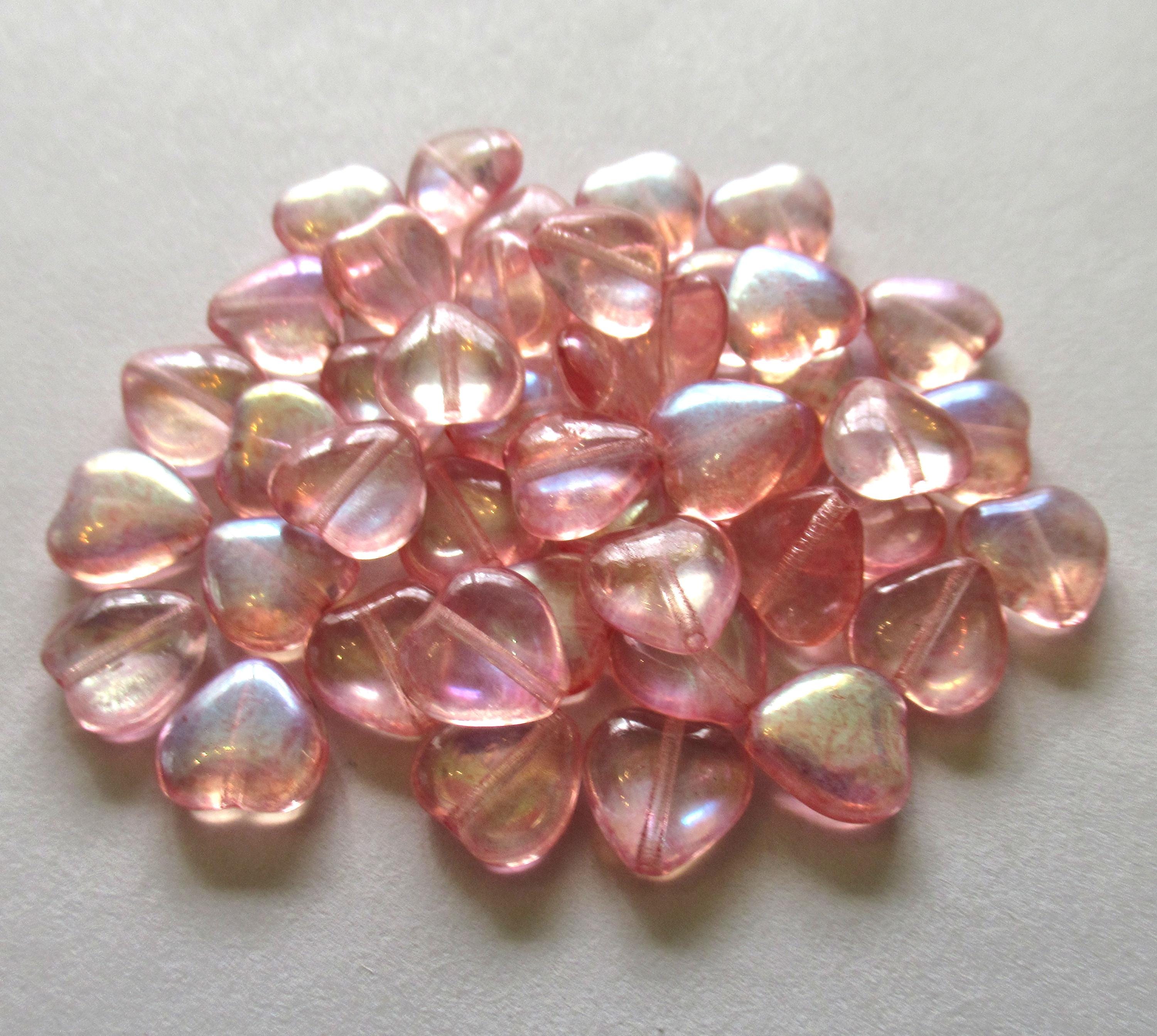 15 Czech glass heart beads - 10mm transparent pink ab beads - C00011