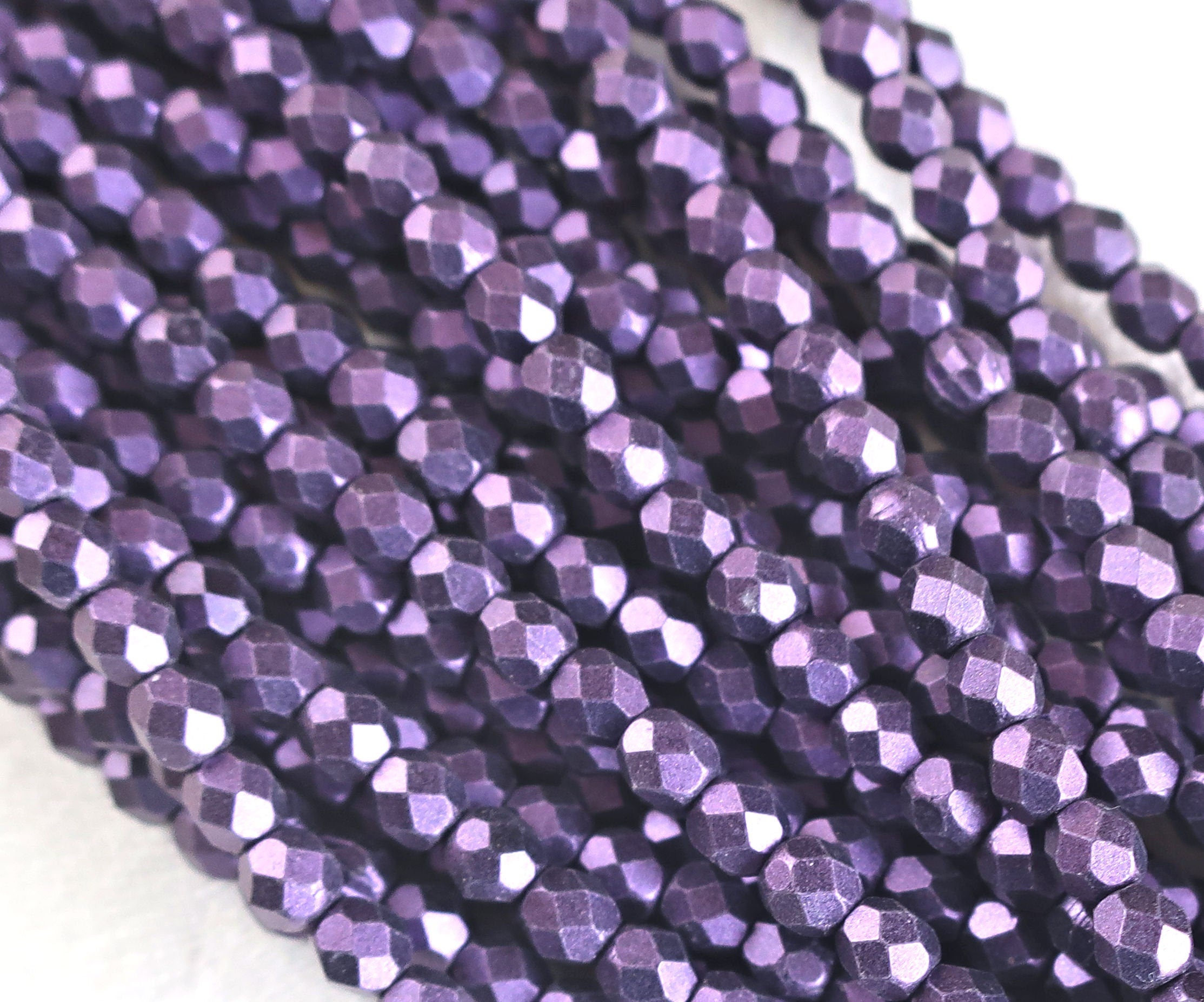 50 4mm purple matte metallic suede, sueded Czech glass beads, faceted, fire polished beads 9601
